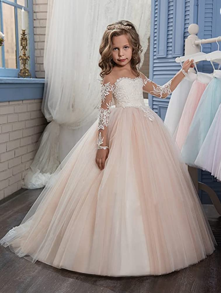 First Communion Dress for Girls - Elegant Lace Embroidery Flower Girl Pageant Gown with Long Sleeves & Train - Perfect for Baptism, Christening, Birthday Party & Special Occasions