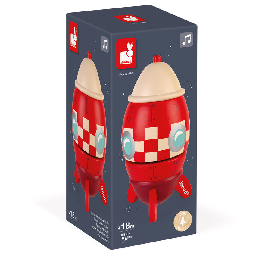 Janod Rocket Music Box - Wooden Musical Toy for Kids, Space-Themed Melody Box - Perfect for Bedtime, Playtime & Gift Giving
