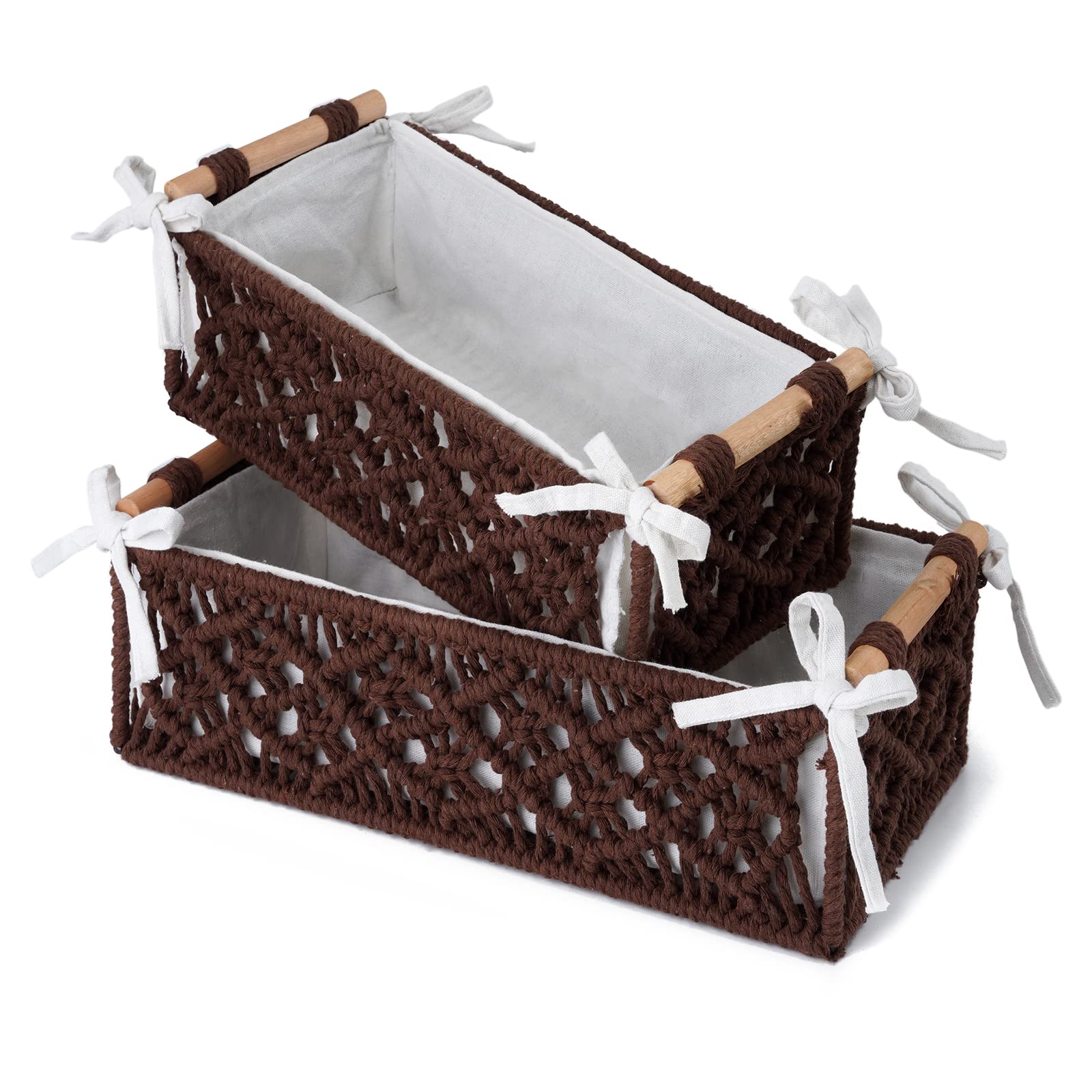 Handmade Macrame Storage Baskets - Set of 2 Brown Woven Organizer Bins with Removable Lining | Boho Home Decor for Bedroom, Bathroom & Nursery Organization