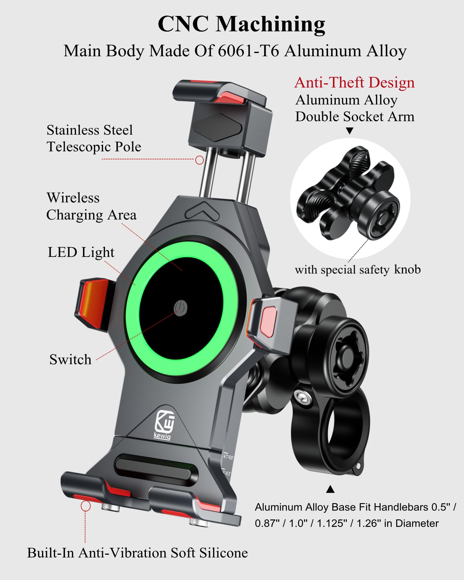 BRCOVAN Motorcycle Phone Mount with 15W Qi Wireless Charger & Vibration Dampener - Anti-Theft, Anti-Shake Adjustable Handlebar Holder for 4.7