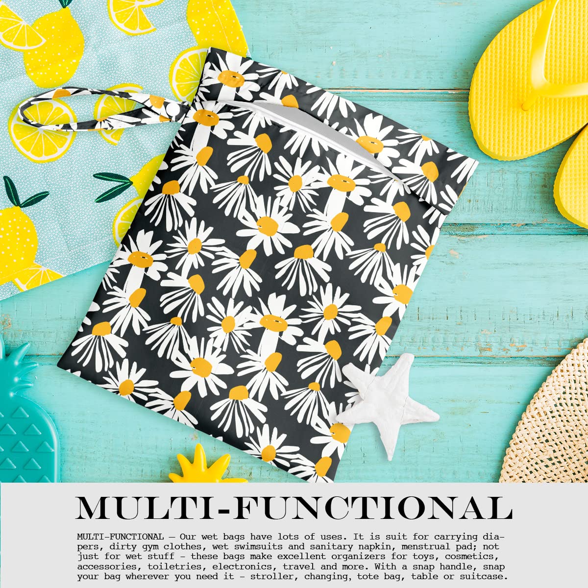 Waterproof Reusable Wet Dry Bag for Swimsuits, Travel, Beach & Pool - Cute Daisy Floral Design for Diapers, Gym Clothes & Toiletries | Perfect for Yoga, Baby Care & Outdoor Activities