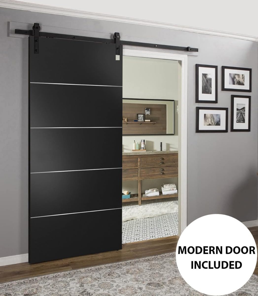 Sturdy 24x80 Inch Solid Wood Barn Door with Matte Black Finish | Heavy Duty 6.6FT Sliding Rail System & Hangers | Perfect for Bedroom, Closet, or Interior Room Divider