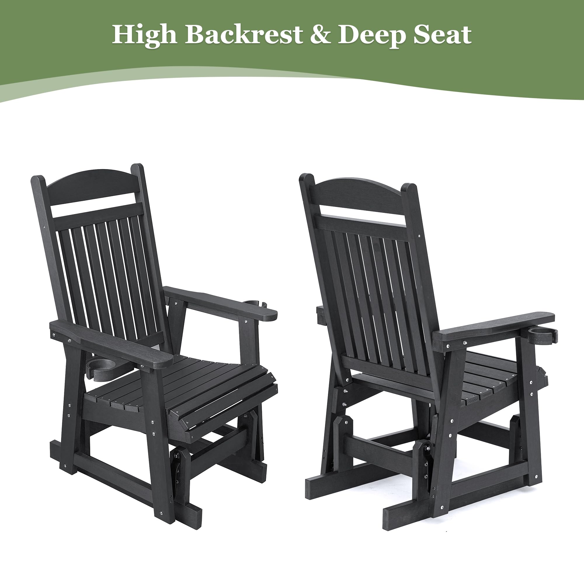 Poly Lumber Single Person Patio Glider with Cup Holders - High Back Support & Contoured Seat - Heavy Duty 700lb Capacity All-Weather HIPS Material (Matte Black) - Perfect for Porch, Deck, Garden or Poolside Relaxation