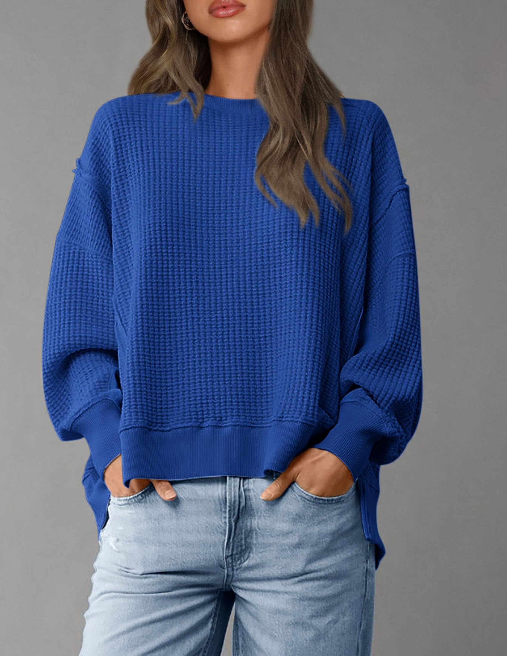 PRETTYGARDEN Women's Oversized Crewneck Sweatshirt - Soft Waffle Knit Long Sleeve Pullover Top for Fall & Spring | Casual Loungewear, Streetwear Fashion