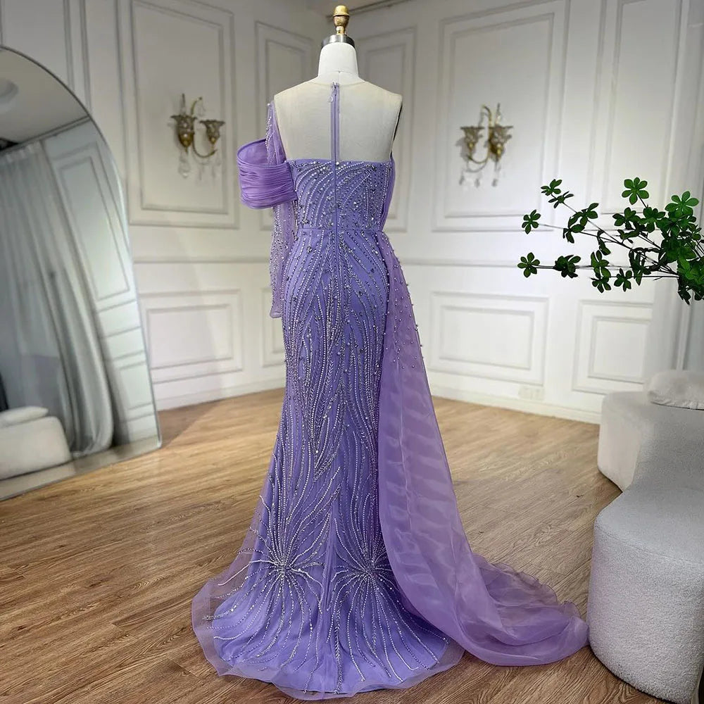 Elegant Purple Arabic Evening Dress with Side Train & Pearls - One Shoulder Formal Gown for Women | Perfect for Prom, Wedding & Special Occasions | 2025 LA72332A