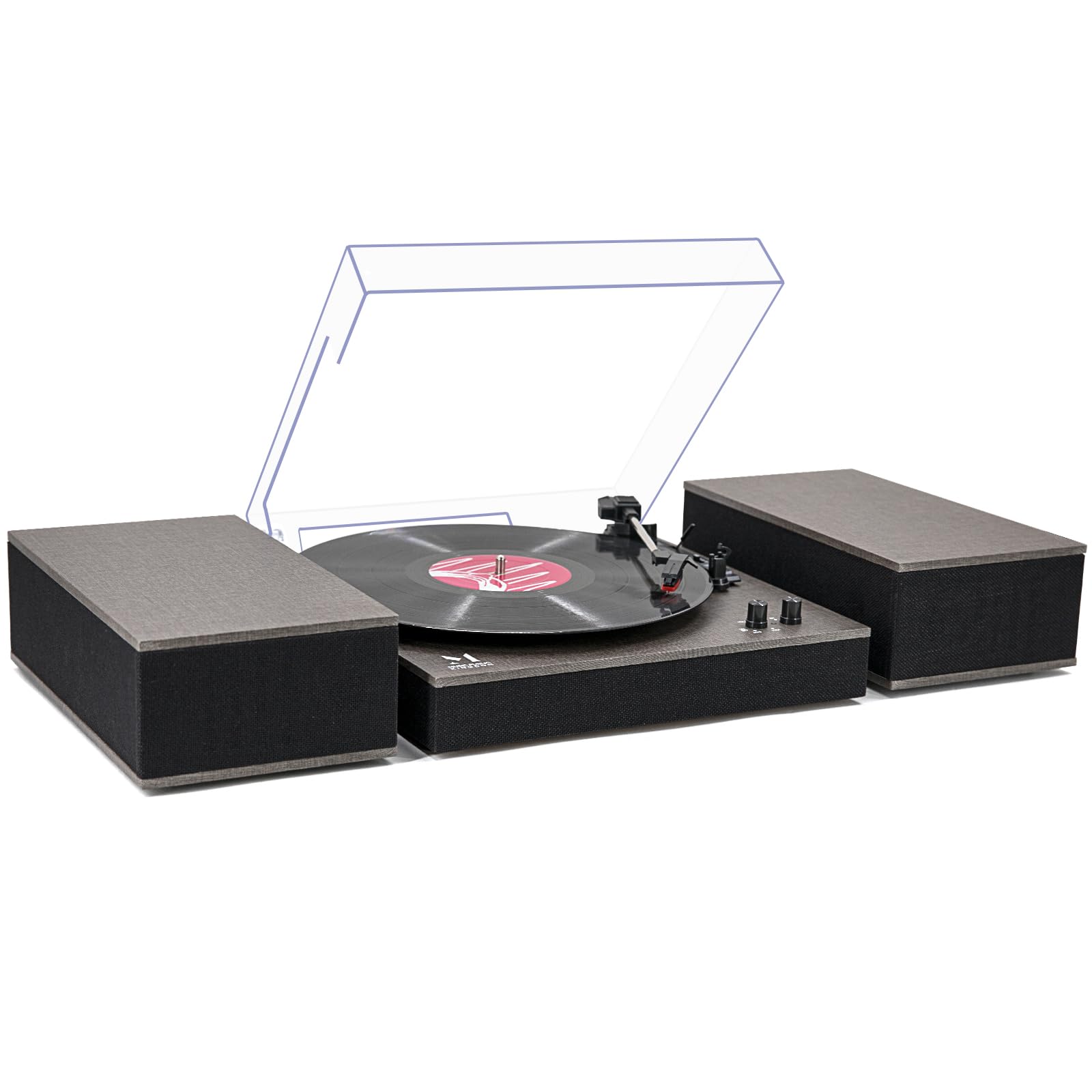 MPK Bluetooth Record Player - 3-Speed Belt-Drive Vinyl Turntable with HiFi Sound & Bookshelf Speakers | Wireless Playback, Auto-Stop | Perfect for Home Entertainment & Vinyl Collection (Grey Cloth Pattern)