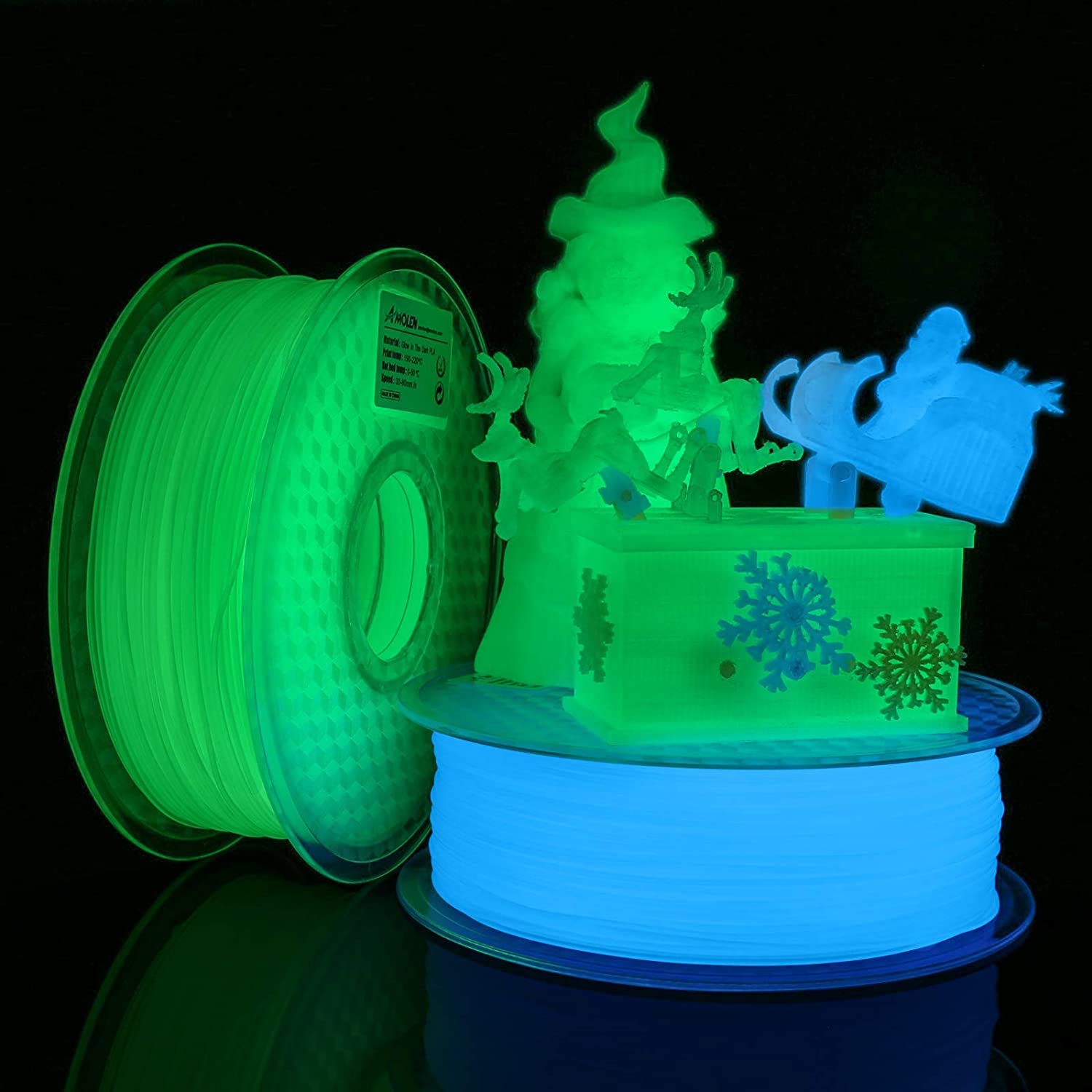 AMOLEN 3D Printer Filament Bundle - 1.75mm PLA Filament with Glow in The Dark Green & Blue - 1kg x 2 Spools for 3D Printing, DIY Projects & Creative Crafts