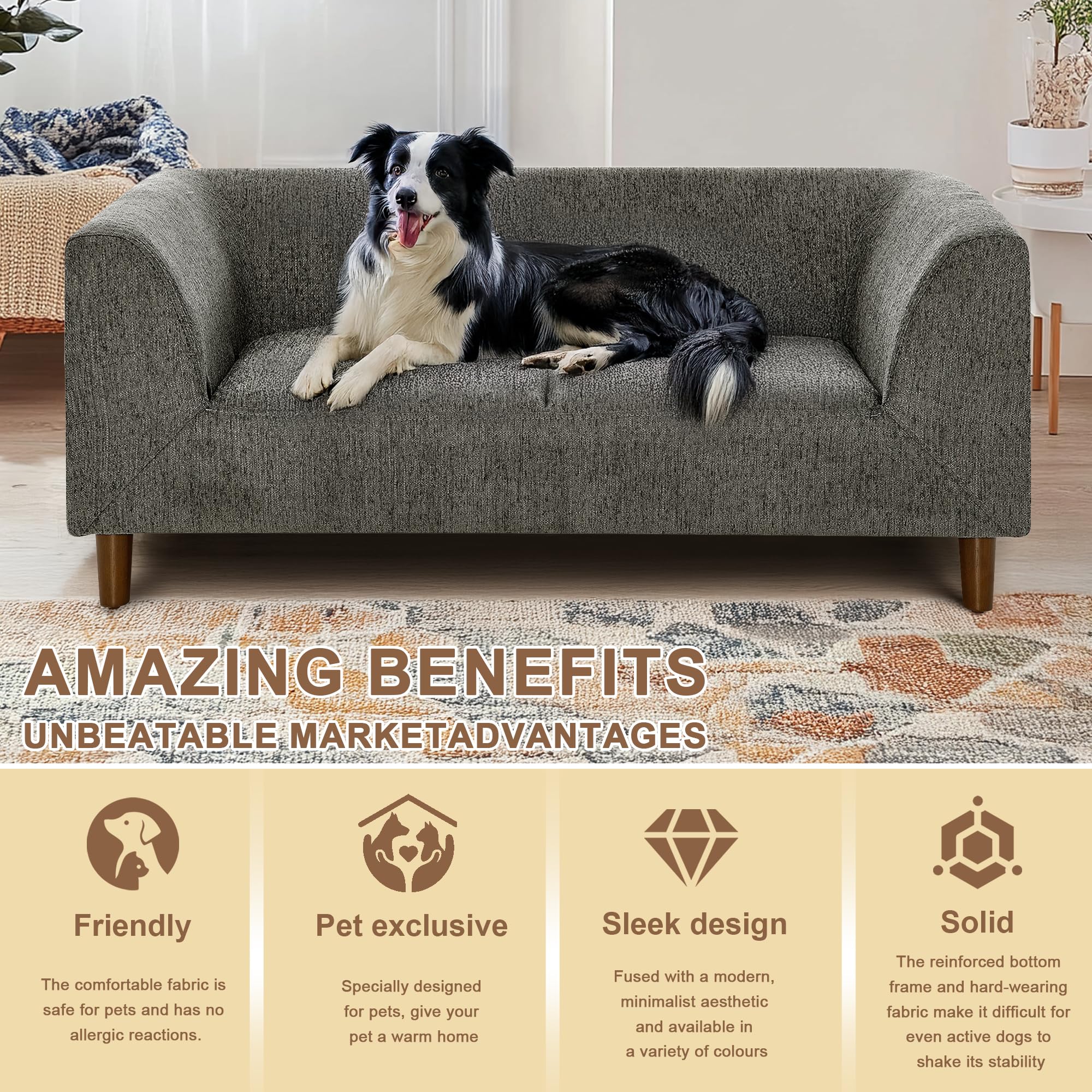 Memory Foam Dog Sofa Bed for Large Dogs Up to 60 lbs - Medium Size Pet Couch with Sturdy Legs, Dark Grey (39.75 Inch) - Perfect for Living Room, Bedroom & Pet-Friendly Spaces