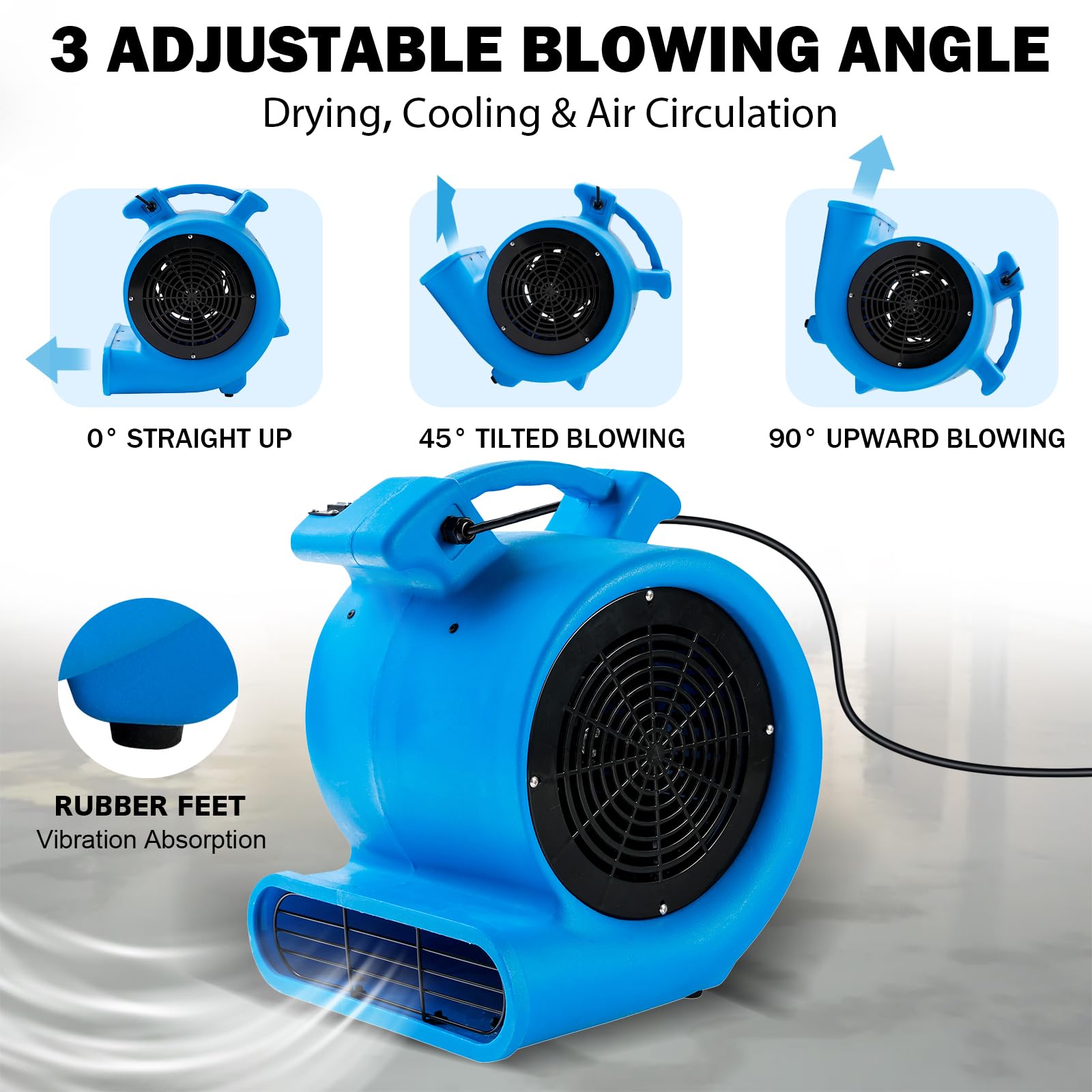 Mounto 1/2HP High-Power Air Mover Fan - 2200 CFM Floor Drying Blower with 2-Speed Settings for Carpet, Water Damage Restoration & Air Circulation - Lightweight Commercial/Home Use for Basements, Gyms & Construction Sites