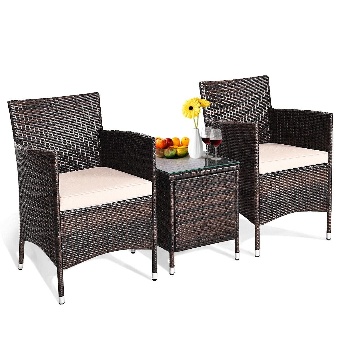3-Piece Outdoor Patio Furniture Set with 2 Rattan Chairs & 1 Tempered Glass Coffee Table - Beige Cushions for Backyard, Deck, Balcony, Poolside & Outdoor Living Spaces - Perfect for Relaxing, Entertaining & Enjoying Nature