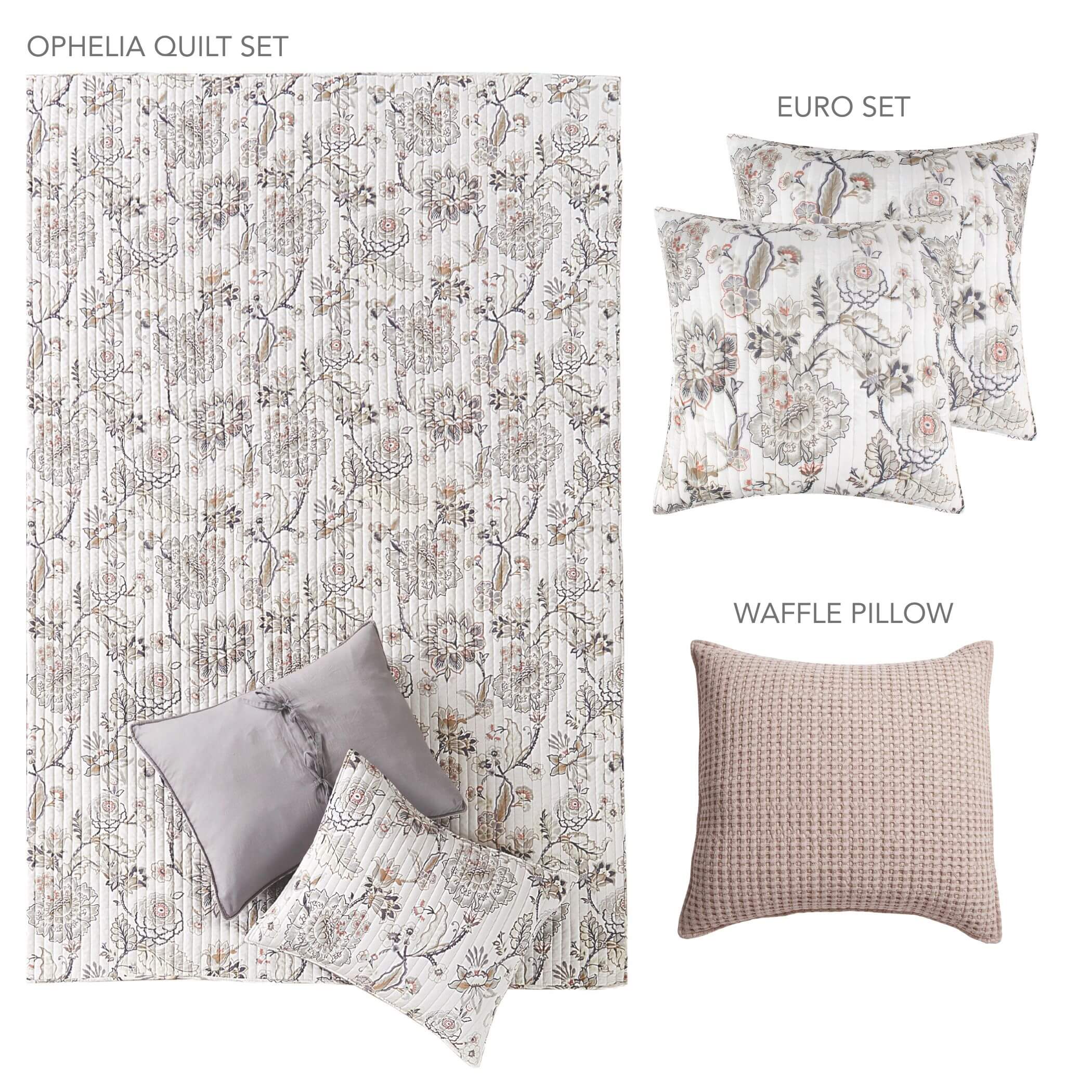 Ophelia Luxury Quilt Set with 2 Euro Shams & Decorative Pillow - Premium Bedding Collection for Master Bedroom & Guest Room Decor