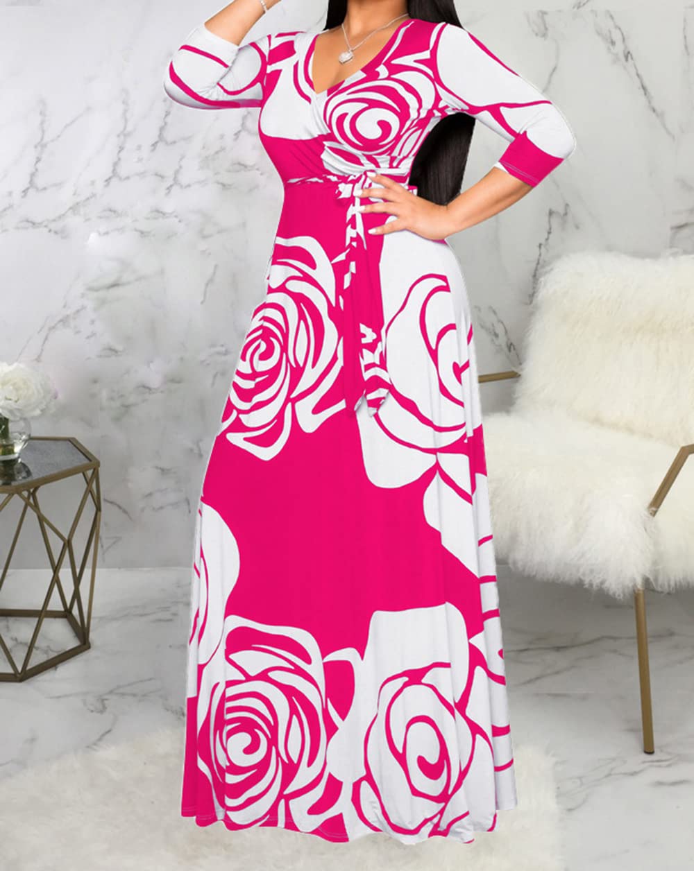 JTNFairy Women's Casual Floral Print Long Maxi Dress Plus Size Summer Beach Party Outfit - Perfect for Vacations, Weddings & Outdoor Events