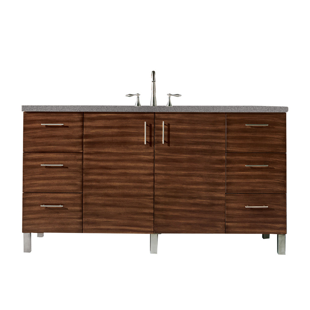 Metropolitan 60 Inch Single Bathroom Vanity with American Walnut Finish & 3CM Gray Expo Quartz Countertop - Perfect for Modern Master Bathrooms and Powder Rooms