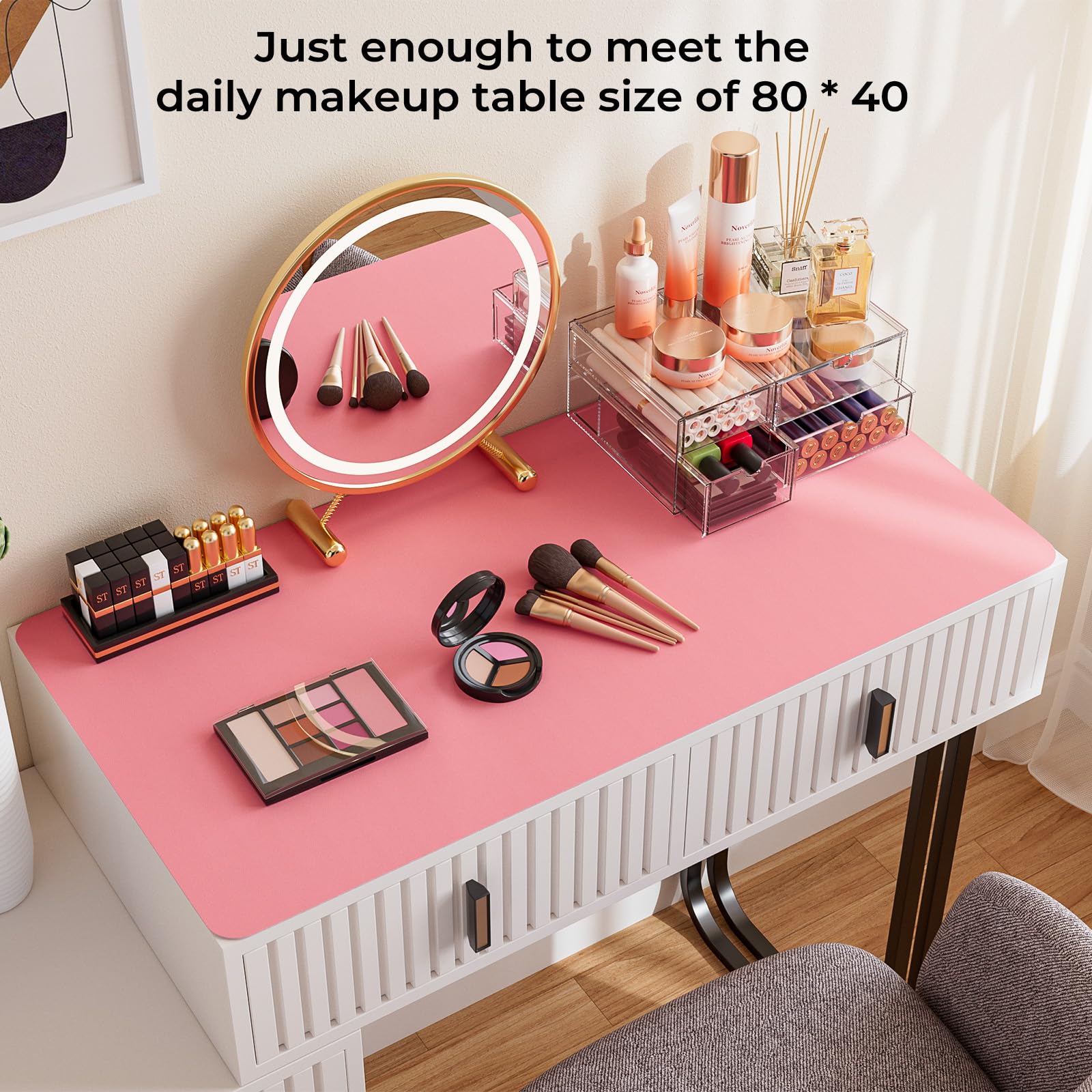 **Noverlife Large Waterproof Makeup Mat - Dual-Sided Vanity Protector & Nail Art Table Mat (31.5x15.7in) - Oilproof Leather Desk Pad for Beauty Essentials, Blue & Pink - Perfect for Dressing Tables, Salon Stations & Crafting**