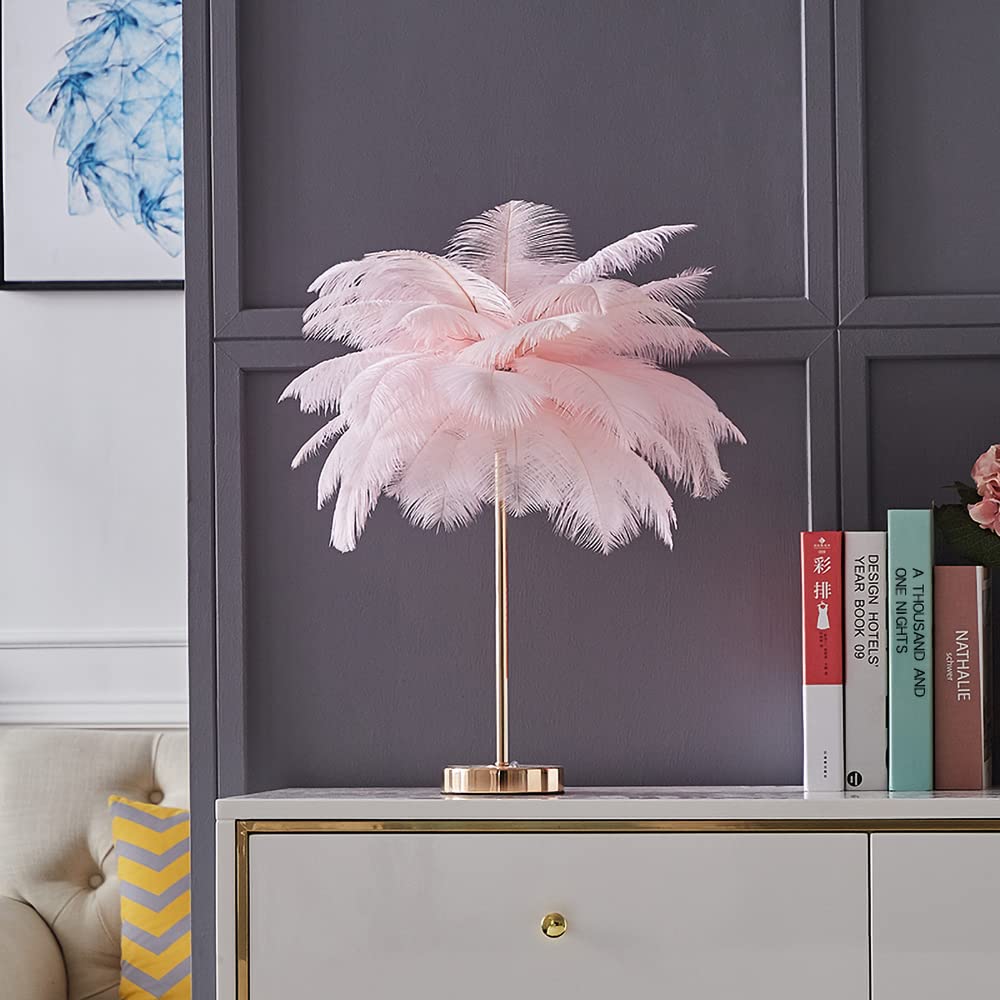KunMai Pink Feather Table Lamp with Plug-in Wire - 3-Light Modern Bedside Lamp for Bedroom, Living Room & Nursery - Gold Accent Decorative Lighting for Home Decor