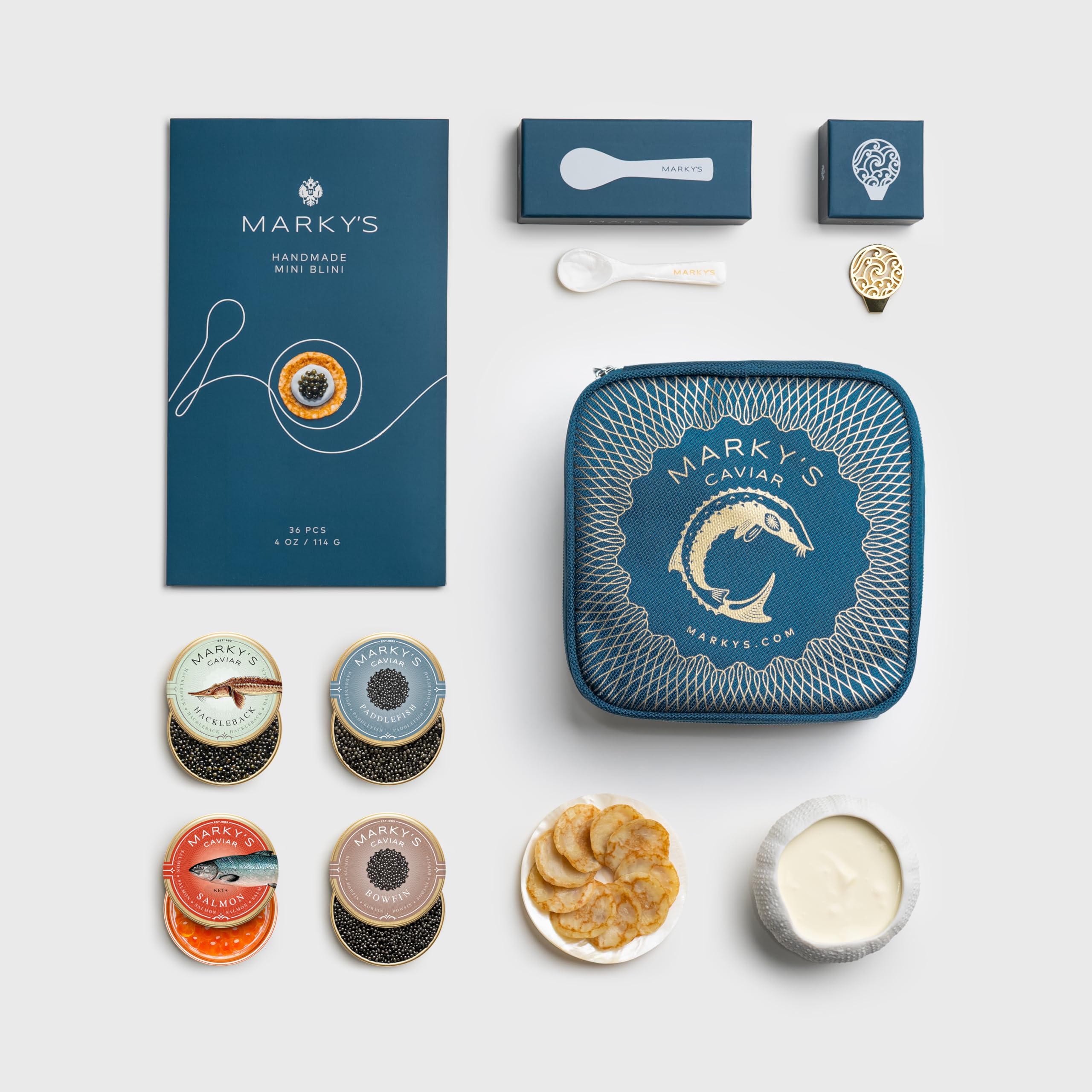 Premium MARKY'S American Caviar Gift Set - 4 Varieties (Hackleback, Paddlefish, Bowfin, Keta Salmon Roe) - 1 oz / 28g Each - Includes Mother of Pearl Spoon, Plate, Tin Opener & Blini - Ideal for Gourmet Gifts, Luxury Dining & Special Occasions - Ships Overnight with Cooler Bag