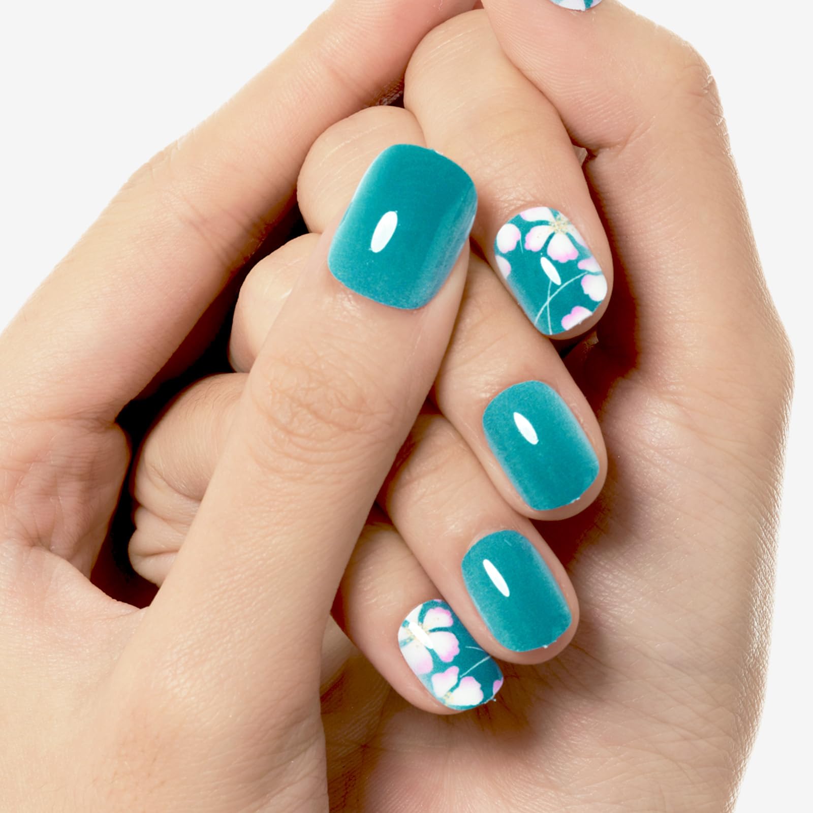 GLAMERMAID 24Pcs Short Squoval Press on Nails - Spring Peacock Blue Floral Design with Blossom Gel Glue | Reusable UV Glossy Acrylic Fake Nails for Women | Perfect for Parties, Weddings & Everyday Manicure
