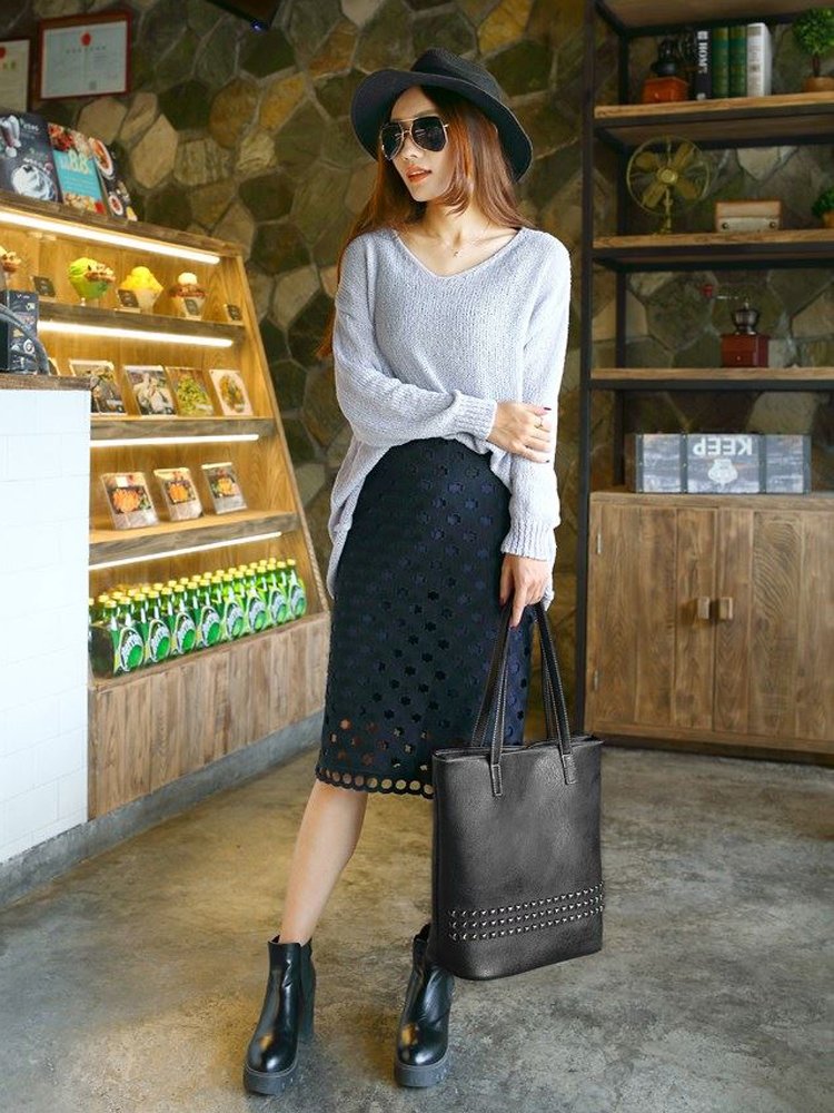 Stylish Large PU Leather Tote Bag for Women - Studded Shoulder Bag with Long Handles - Perfect for Work, Shopping & School - Black Women's Handbag