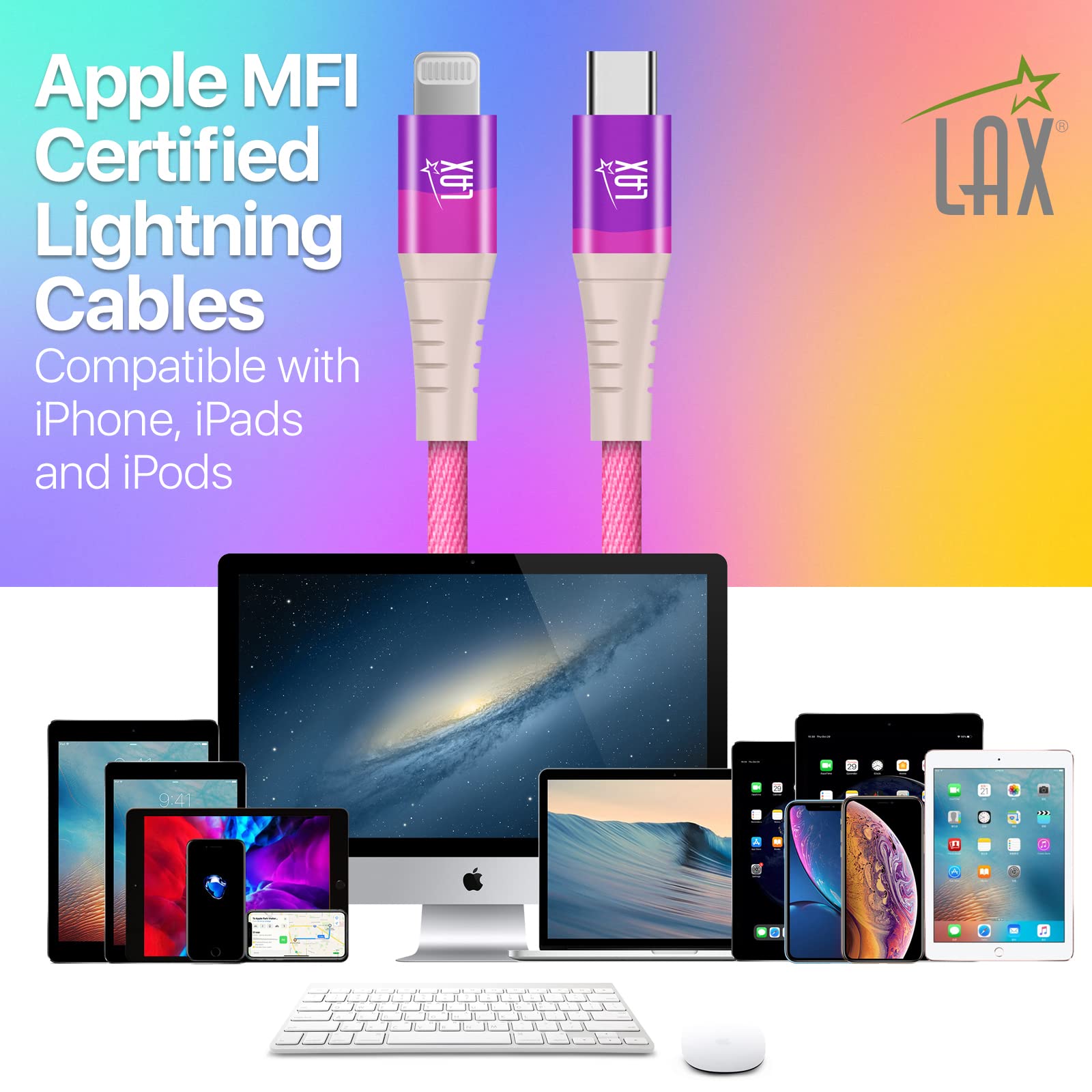 Apple MFi Certified USB C to Lightning Cable - 6ft Fast Charging Nylon Braided Cable for iPhone 14/14 Plus/14 Pro/14 Pro Max, iPad, iPod - Durable Rainbow Color - Perfect for Home, Office & Travel Charging
