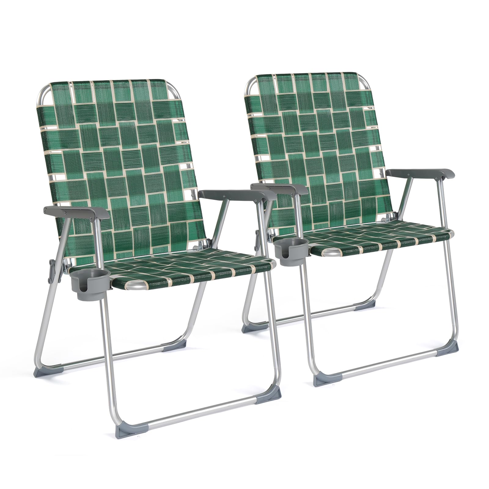 VINGLI Heavy Duty Folding Lawn Chairs 2 Pack - 300 LBS Capacity Oversized Webbed Beach Chairs with Detachable Cup Holder, Portable Aluminum Patio Chairs for Yard, Garden, Camping & Outdoor Relaxation - Dark Green