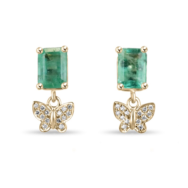 2.40tcw 14K Gold Natural Emerald & Diamond Butterfly Dangle Earrings for Women - Elegant Jewelry Gift for Birthday, Anniversary & Special Occasions