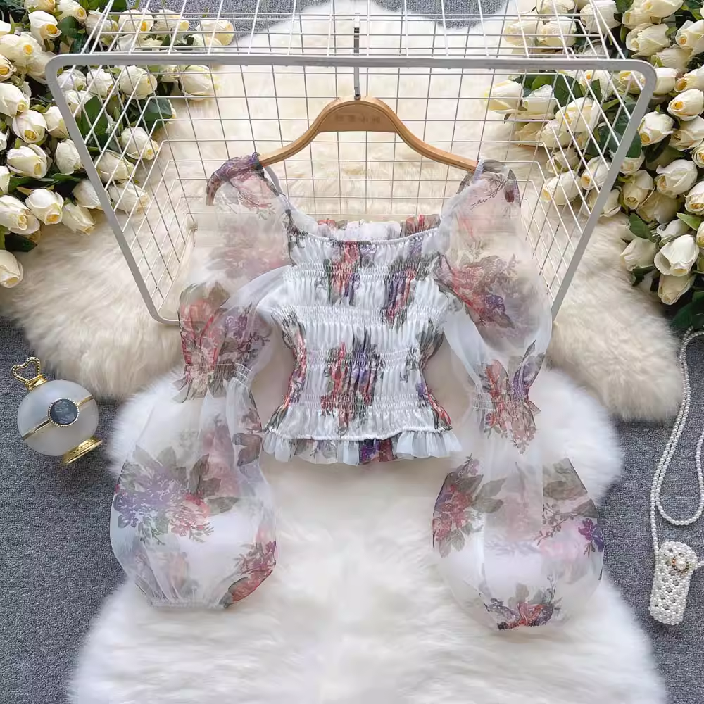 French Fairy Net Long Sleeve Printed Shirt - Summer Cropped Top for Women - Floral Lace Blouse - Boho Chic Fashion - Perfect for Beach, Festival & Date Night Outfits