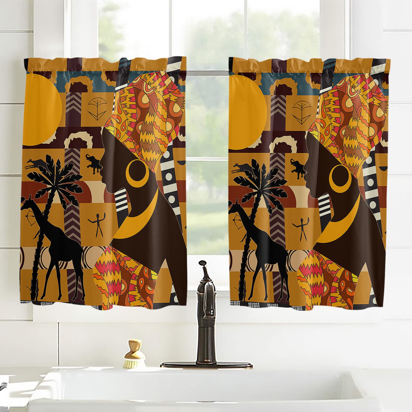 African Elephant & Giraffe Print Tier Curtains - 52x45 Inch Black Women Art Rod Pocket Drapes for Kitchen, Bathroom & Living Room Windows | Privacy Half Window Treatments & Cafe Decor | Perfect for Small Windows, Dorm Rooms & Cozy Spaces