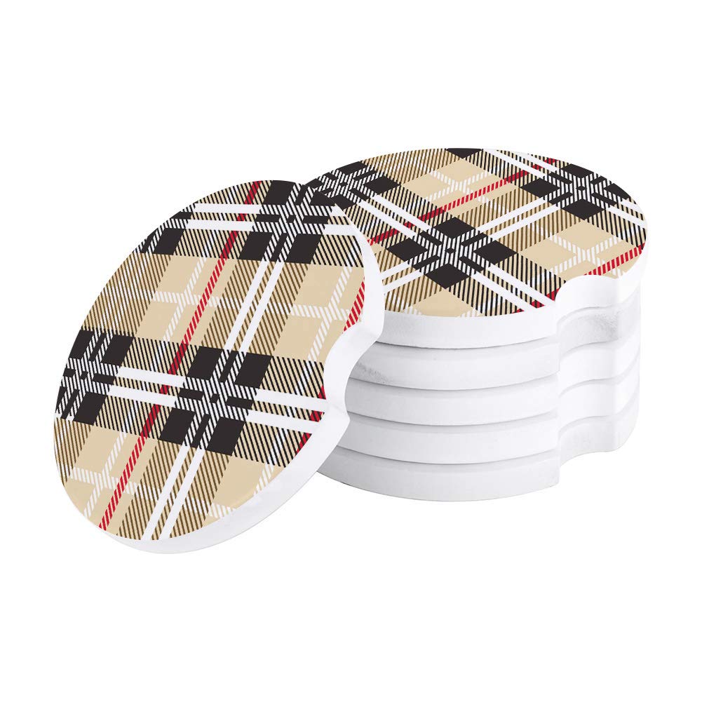 Premium Car Drink Coasters Set of 2 - Geometric Line Stripe Plaid Design, Absorbent Ceramic Stone with Finger Notch for Easy Removal (Beige, Red, Black) - Perfect for Cars, Trucks, SUVs & Road Trips