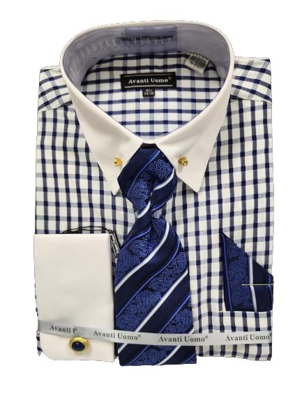 Avanti Uomo Men's Navy Blue Window Pane Dress Shirt with White Collar, Cufflinks & Stone Collar Bar - Formal Office Wear & Business Attire for Professional Men