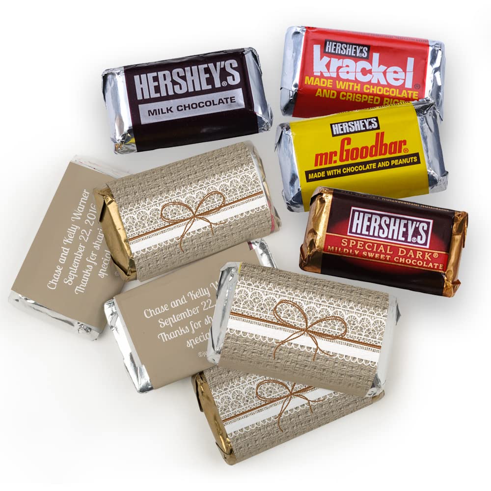 200pcs Personalized Wedding Candy Kit - Custom Wrapped Miniatures, Kisses & Peanut Butter Cups - Rustic Burlap Party Favors for Guests - Perfect for Wedding Receptions, Bridal Showers & Candy Table Decorations