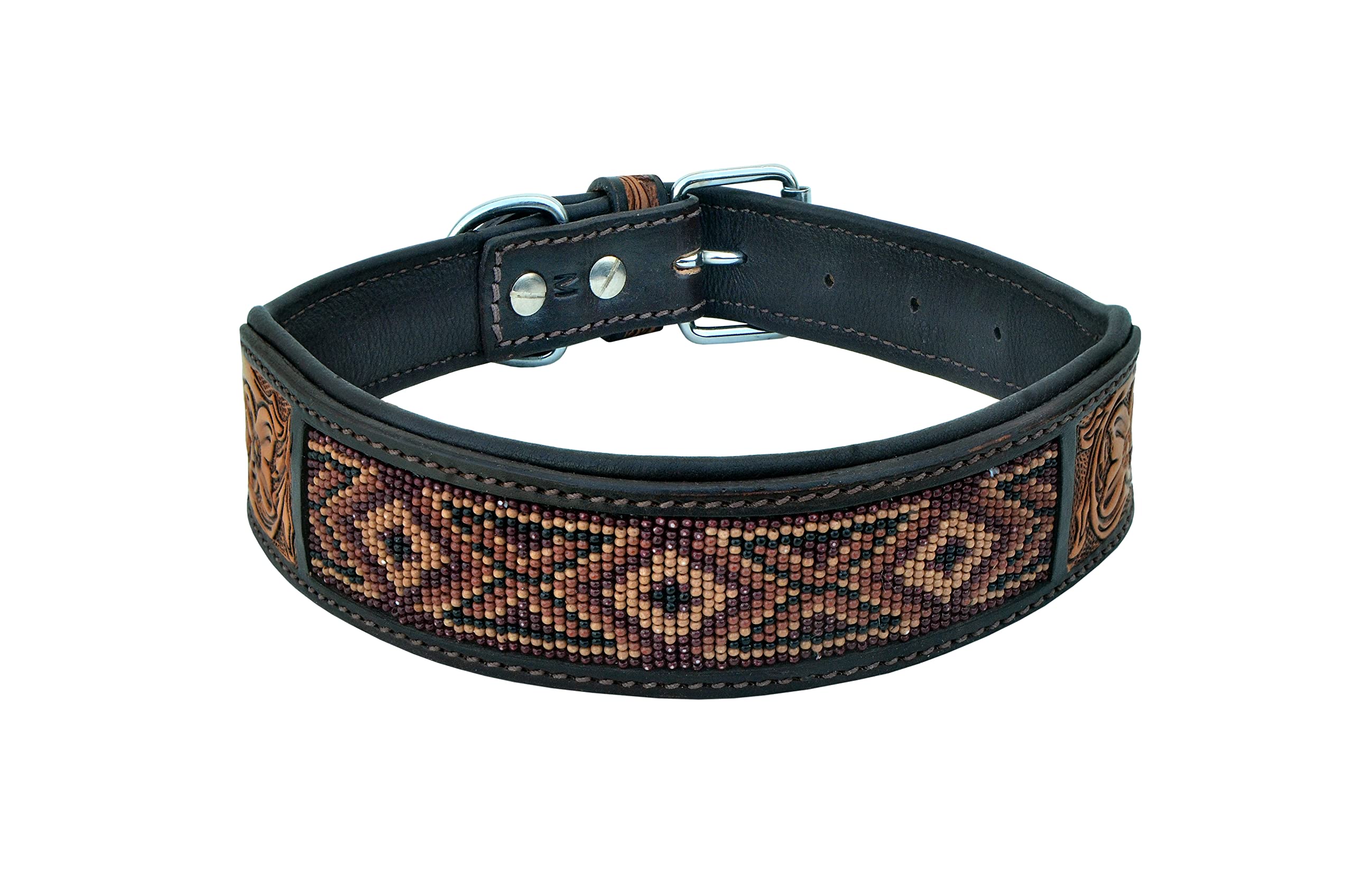 Western Style Heavy Duty Leather Dog Collar - Hand Tooled Beaded & Padded Adjustable Collar for Puppies & Large Dogs | Perfect for Training, Outdoor Adventures & Everyday Walks (10AB019)