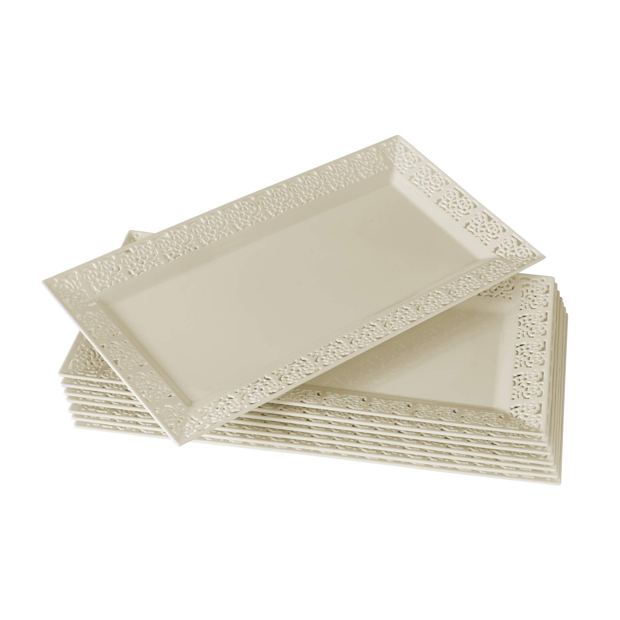 Elegant Lace Plastic Serving Trays Set of 6 - 14” x 7.5” Disposable Party Platters for Snacks, Desserts, Sweets - Ivory - Perfect for Weddings, Baby Showers, Bridal Showers & Birthday Celebrations