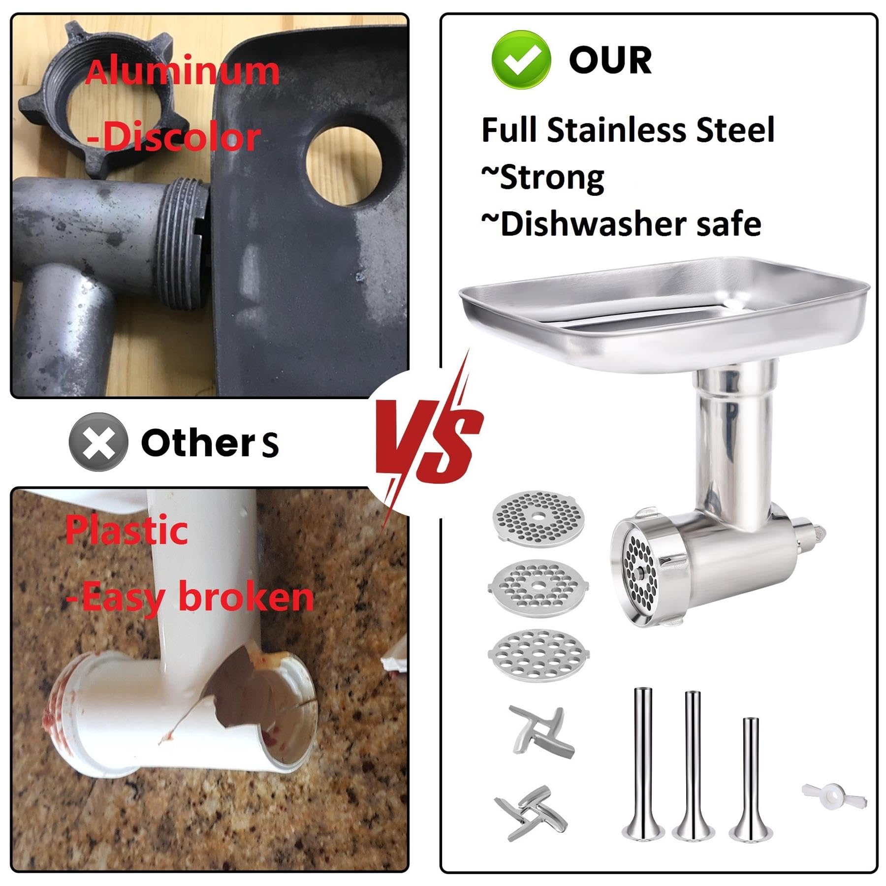 Premium Stainless Steel Food Grinder Attachment for KitchenAid Stand Mixers - Dishwasher Safe Meat Grinder with 3 Sausage Stuffer Tubes & Metal Knob - Perfect for Homemade Burgers, Sausages, and Pet Food Making