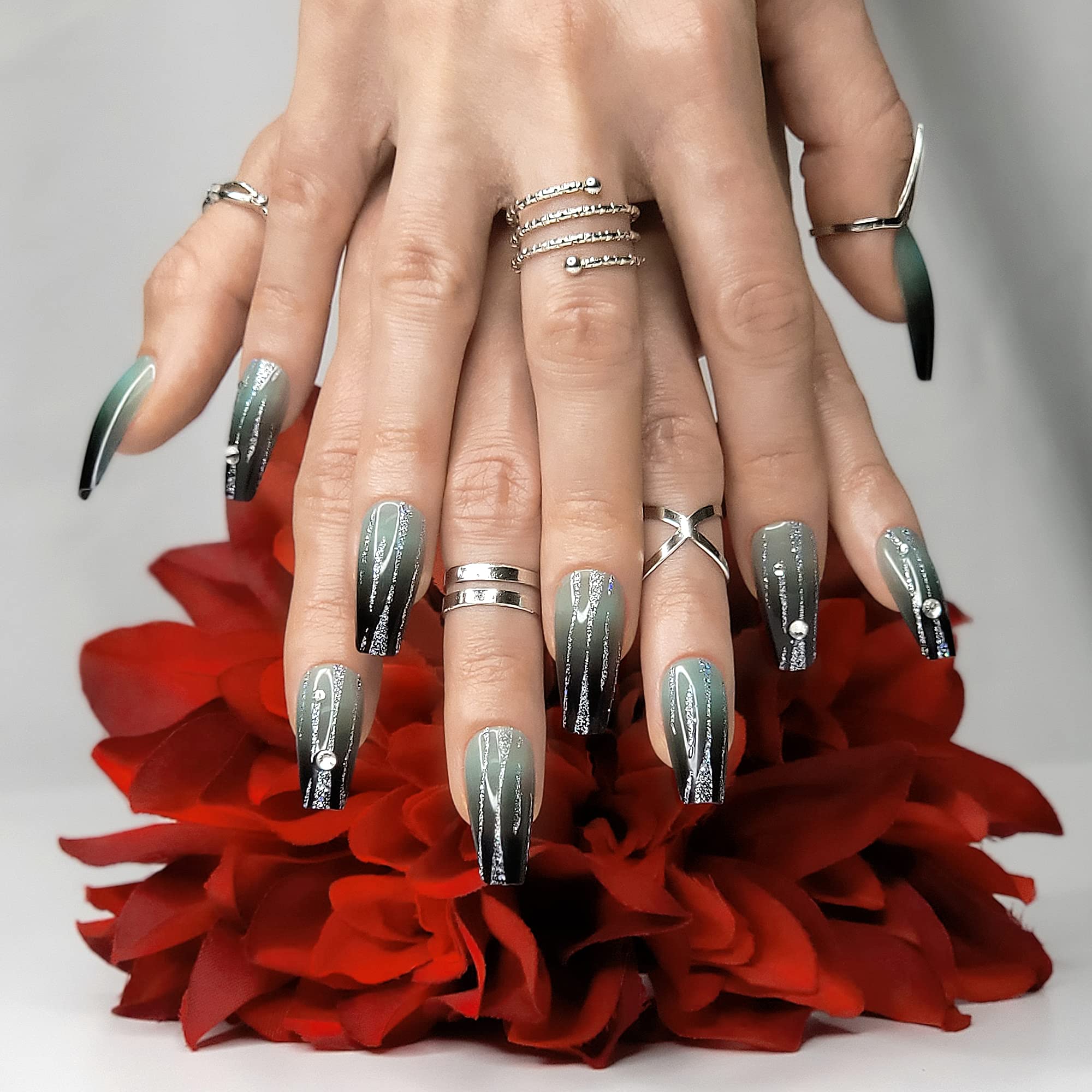 Hypnaughty 24 Pcs LUXE Black to Green Ombre Press on Nails - Glitter & Rhinestone Coffin Fake Nails with Glue - Long Luxury Acrylic Nails for Parties, Weddings & Special Occasions