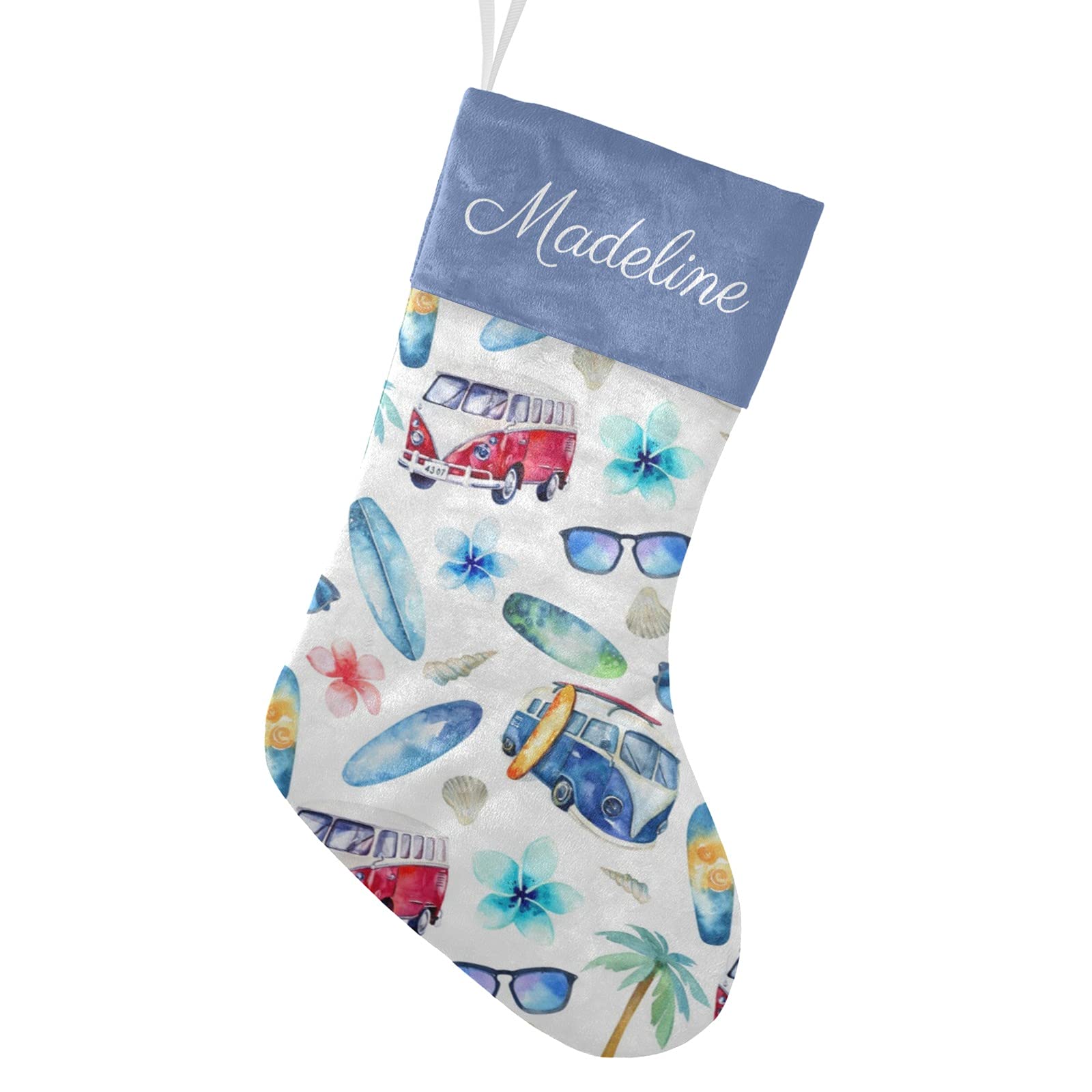 Vintage Island Beach Car Surf Christmas Stocking - Personalized Family Name Holiday Socks for Fireplace Decor, Christmas Party & Home Celebration - Perfect for Xmas Gifts, Stocking Stuffers and Festive Home Decoration