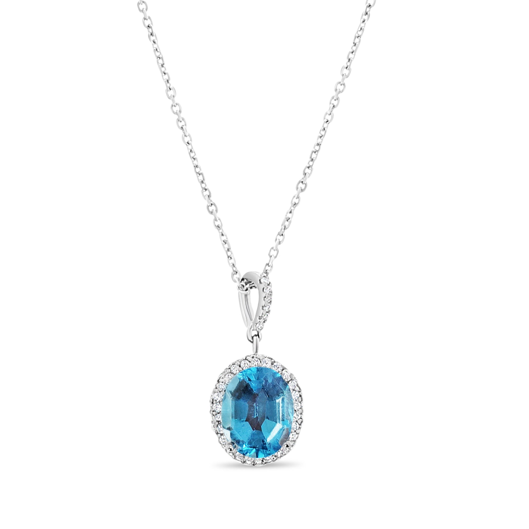 14k White Gold Blue Topaz Diamond Halo Necklace - Elegant Jewelry Gift for Women, Perfect for Anniversary, Birthday & Special Occasions