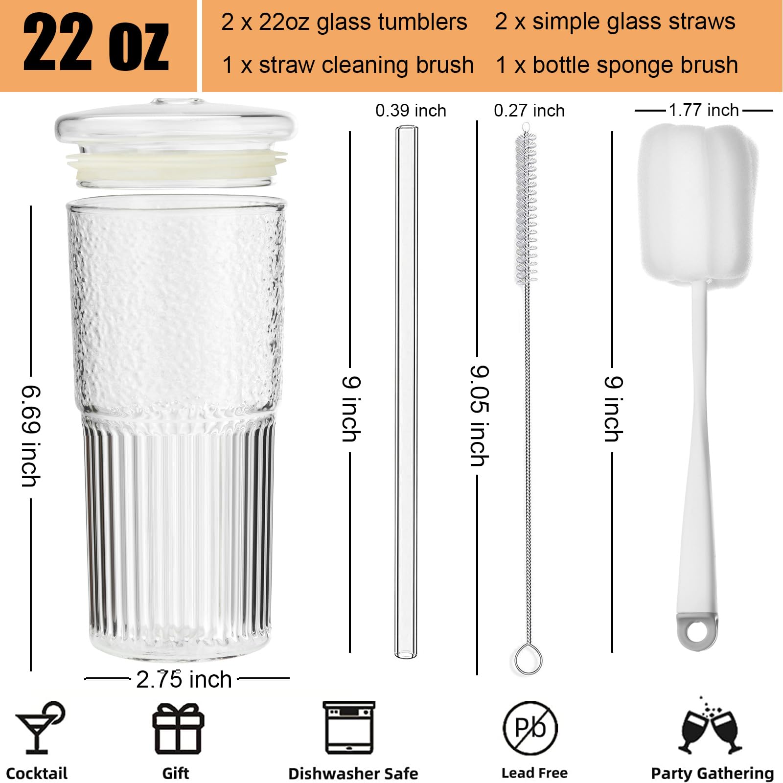 ALINK 22 oz High Borosilicate Glass Cups with Lids and Straws - Clear Iced Coffee Tumblers, Smoothie & Tea Drinking Glasses - Pack of 2 with Cleaning Brush - Perfect for Cold Brew, Iced Tea, and Refreshing Summer Drinks