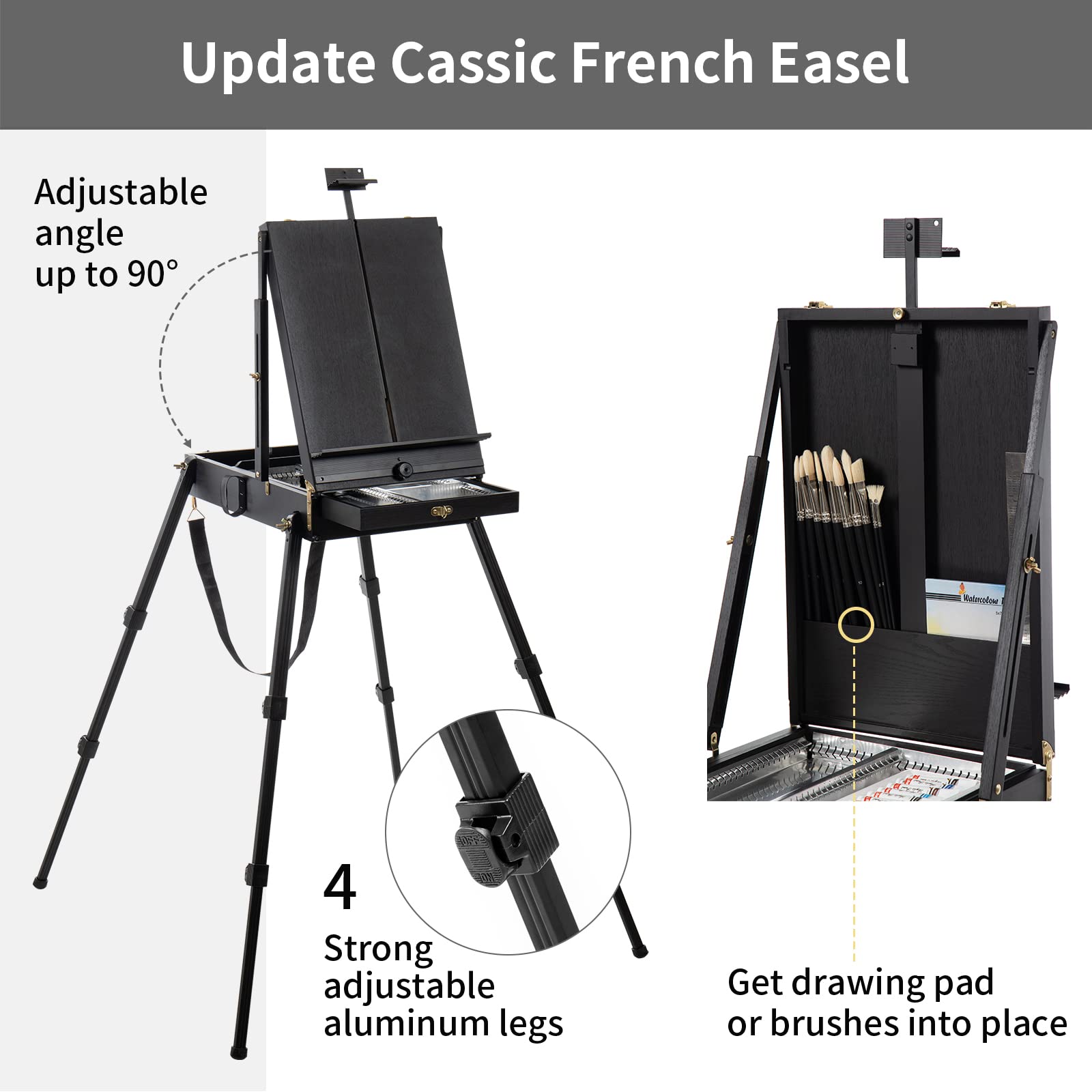 Falling in Art 4-Leg French Easel - Portable Plein Air Painting Studio Stand with Large Storage Drawer | Full-Size Sketchbox Travel Easel for Artists | Perfect for Outdoor Painting, Drawing & Artwork Display