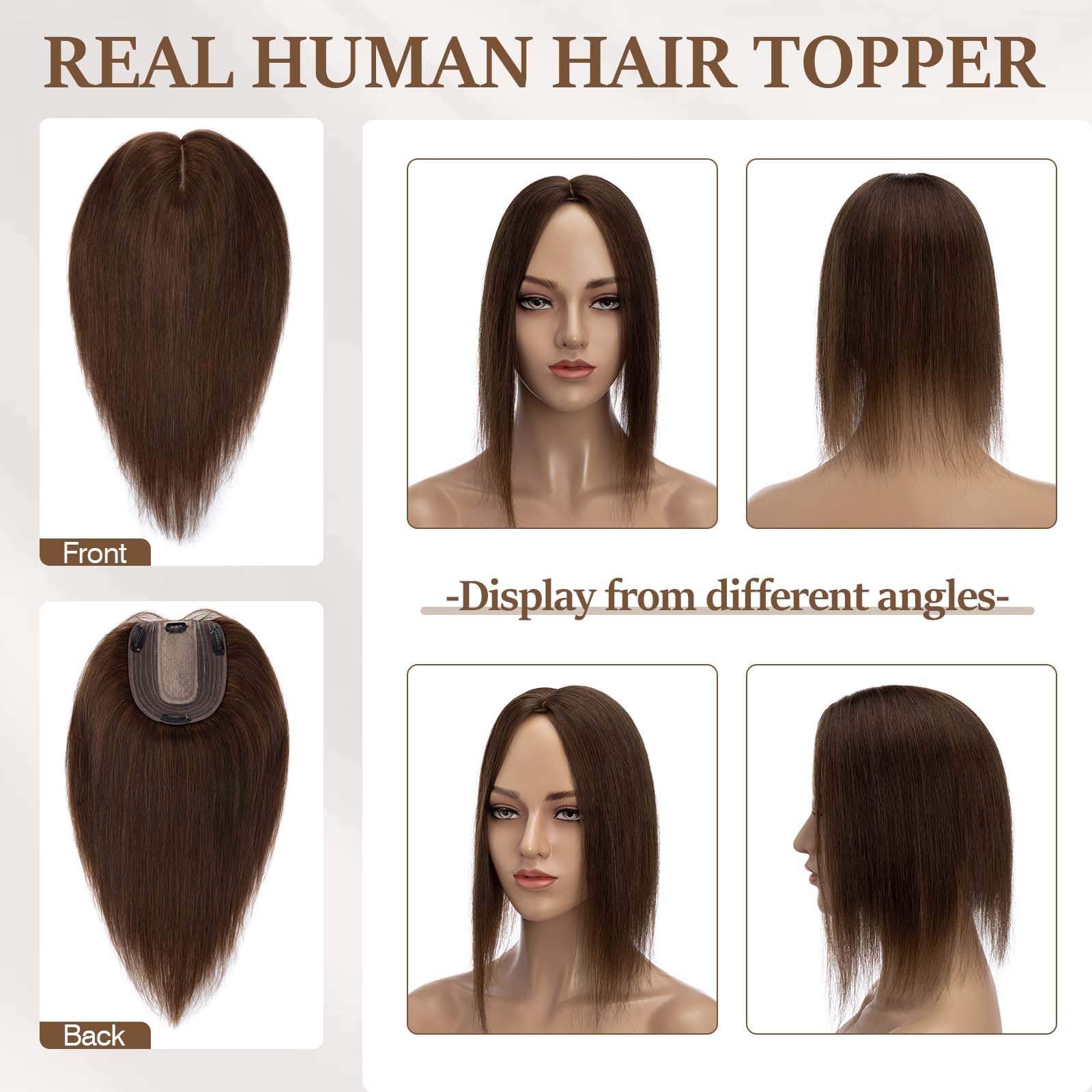 100% Human Hair Toppers for Women - Clip-in Remy Hair Topper with Silk Base for Thinning Hair - 16 Inch Medium Brown (#4) - Natural Looking Hair Replacement for Daily Wear & Special Occasions