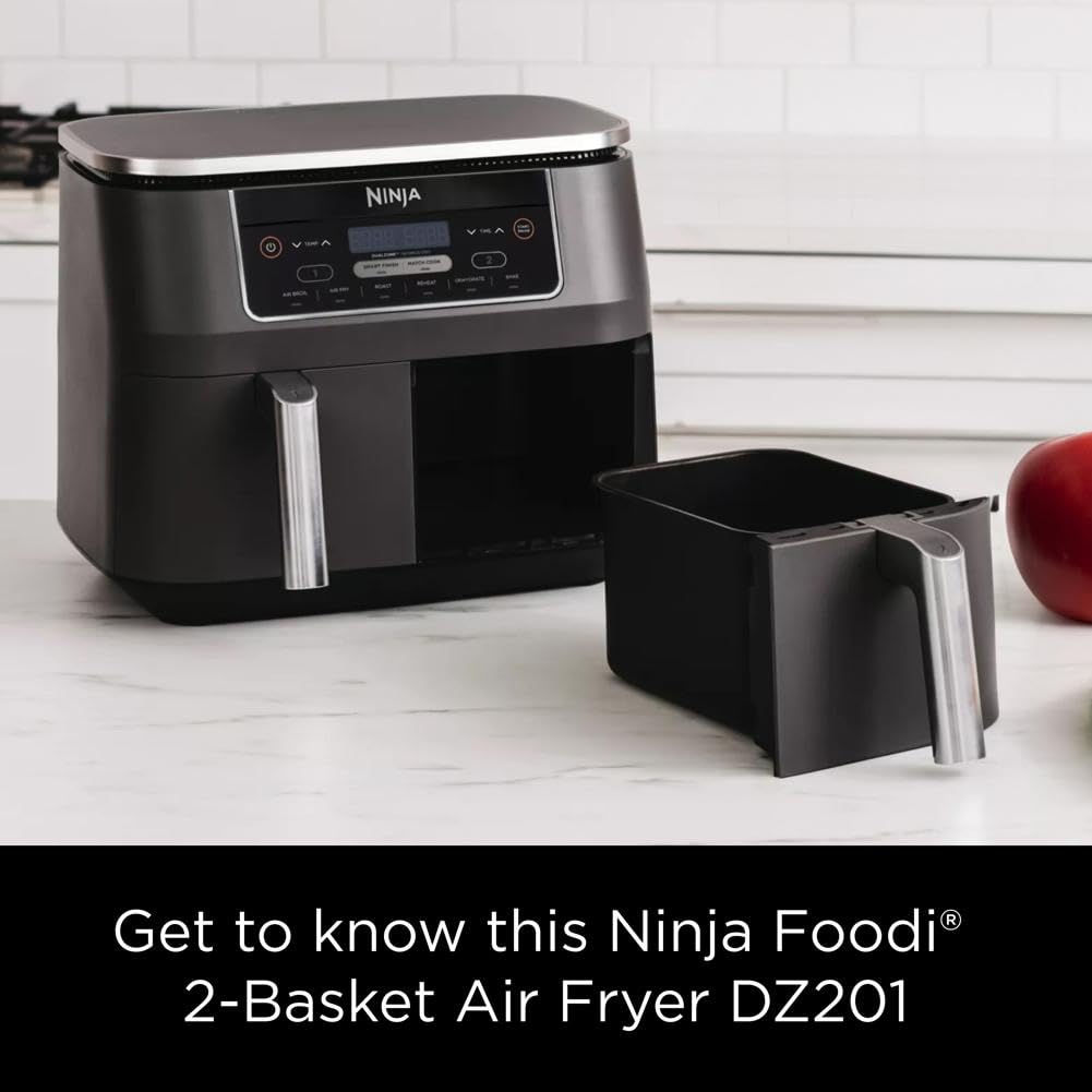 Ninja DZ201 Foodi 8 Quart 6-in-1 DualZone Air Fryer with 2 Independent Baskets - Smart Finish, Match Cook, Roast, Broil & Dehydrate - Perfect for Family Dinners, Meal Prep & Healthy Cooking - Grey