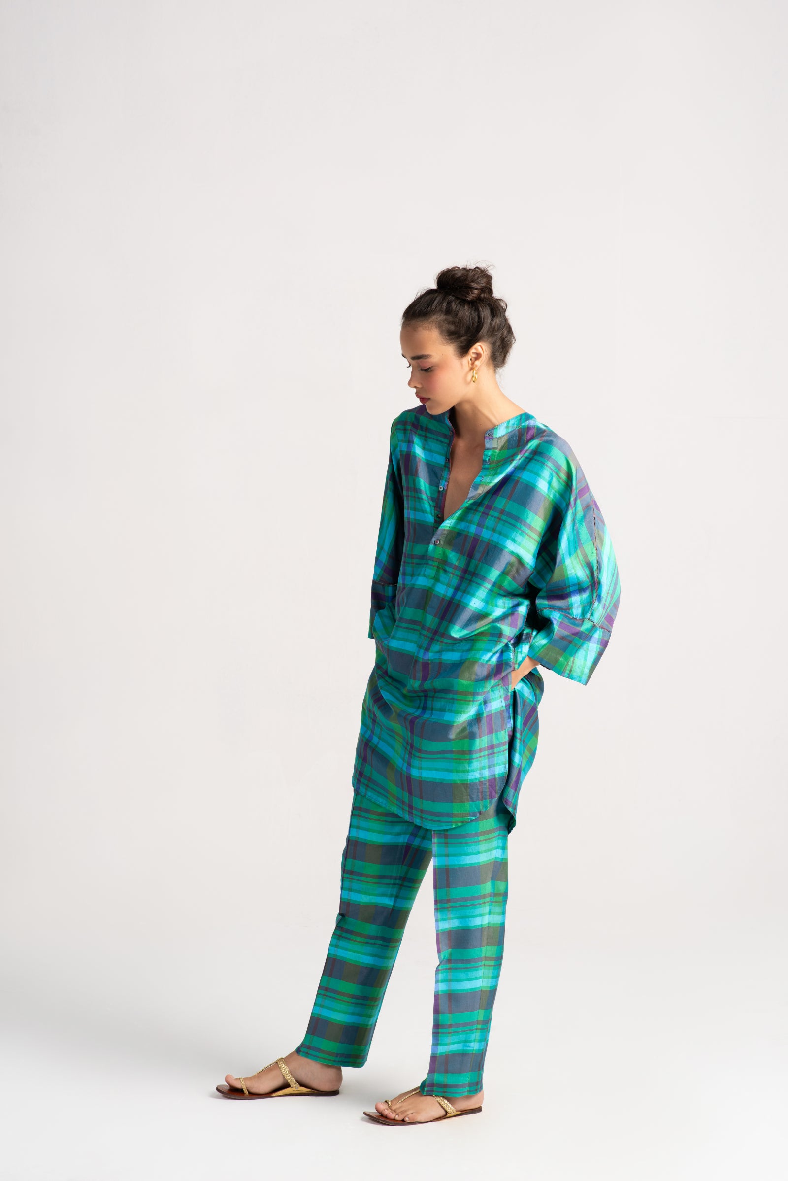 Chandrika Women's Silk Dupioni Checkered Aqua Trousers - Elegant & Comfortable for Office, Party & Special Occasions