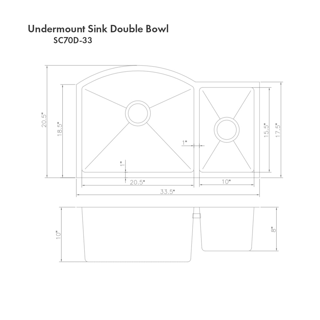 ZLINE SC70D 33 33-Inch Undermount Double Bowl Stainless Steel Kitchen Sink with Bottom Grid - Durable & Stylish for Modern Kitchens, Perfect for Meal Prep & Cleanup