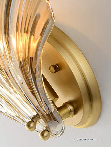 LITFAD Clear Shell Shape Wall Sconce Light - 1-Light Modern Fluted Glass Metal Wall Lamp with Copper Finish - Perfect for Bedroom, Living Room, Restaurant & Hotel Lighting Decor