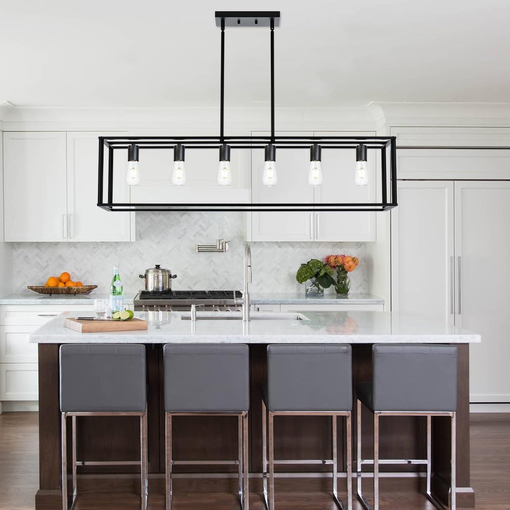 6-Light Black Farmhouse Linear Chandelier - E26 Base Pendant Lighting for Kitchen Island, Dining Room, Bar, Pool Table, and Rustic Home Decor