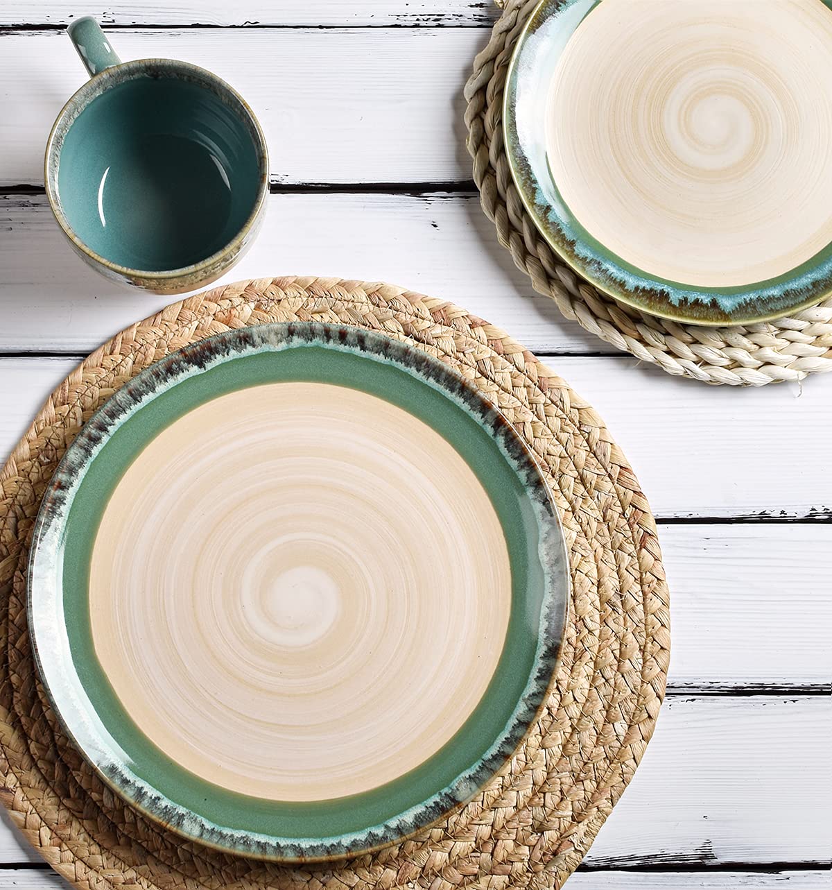 Bosmarlin 12-Piece Stoneware Dinnerware Set for 4 - Microwave & Dishwasher Safe Ceramic Plates & Bowls with Reactive Turquoise Green Glaze | Elegant Table Setting for Family Dinners & Entertaining