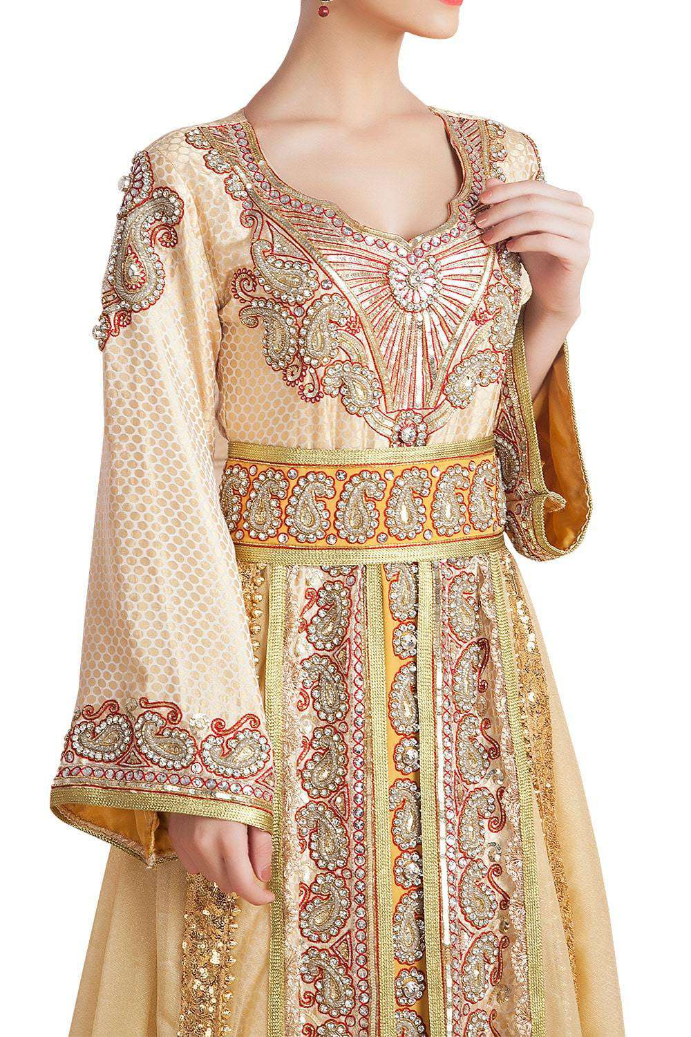 Elegant Gold Hand-Beaded Dubai Moroccan Style Wedding Caftan Dress for Women - Perfect for Bridal, Evening Gala & Special Occasions