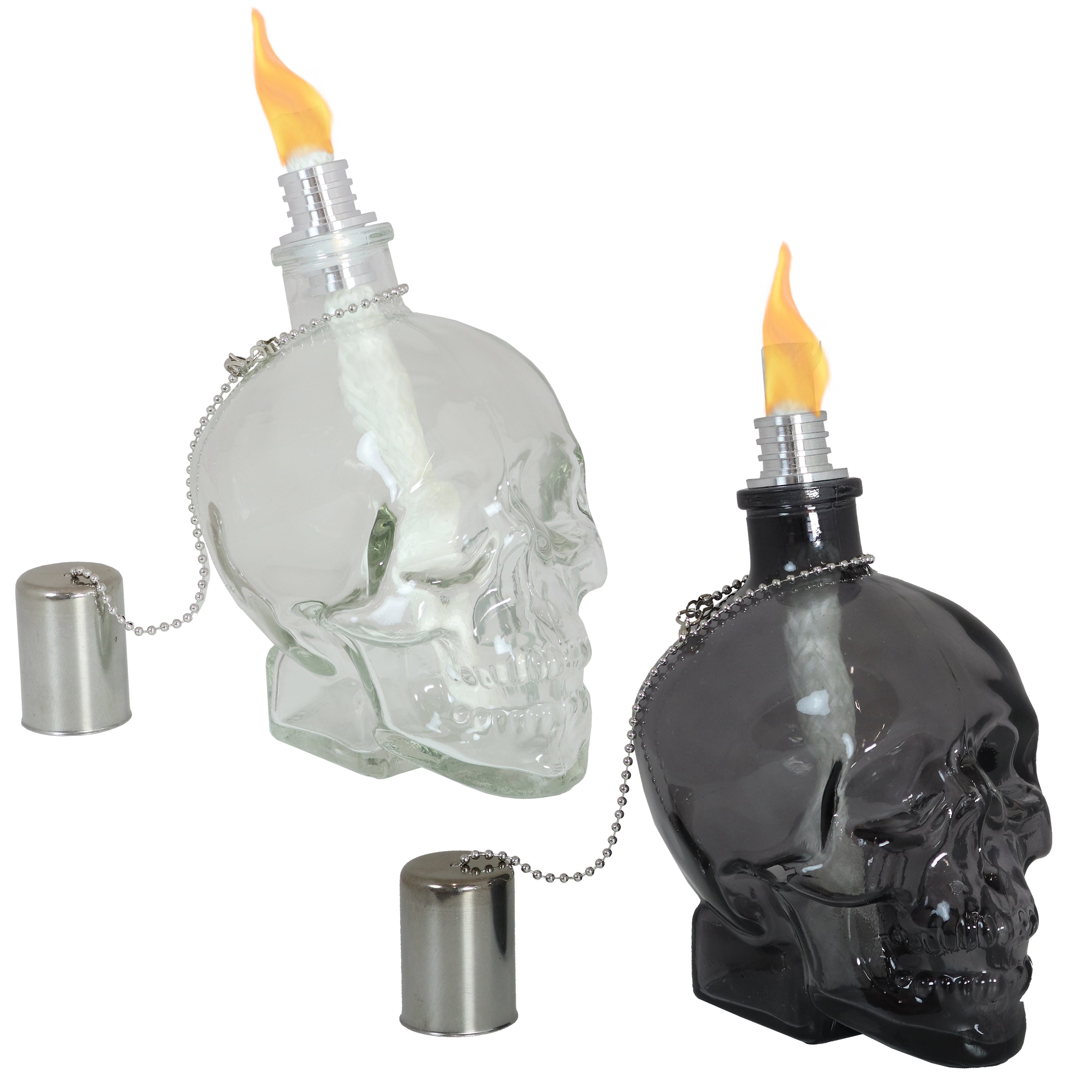 Sunnydaze Grinning Skull Glass Tabletop Torches - Black & Clear Outdoor Decor for Halloween, Patio & Garden Parties