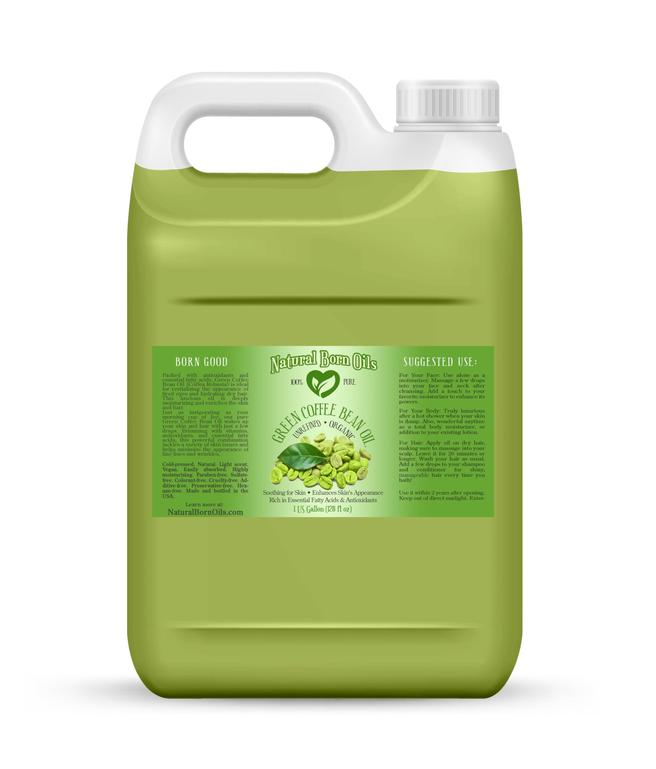 Organic Cold-Pressed Green Coffee Bean Oil - 1 Gallon | Natural Born Oils | Rich in Vitamin E & Essential Fatty Acids | Deep Moisturizer for Skin & Hair | Perfect for DIY Beauty, Massage & Aromatherapy