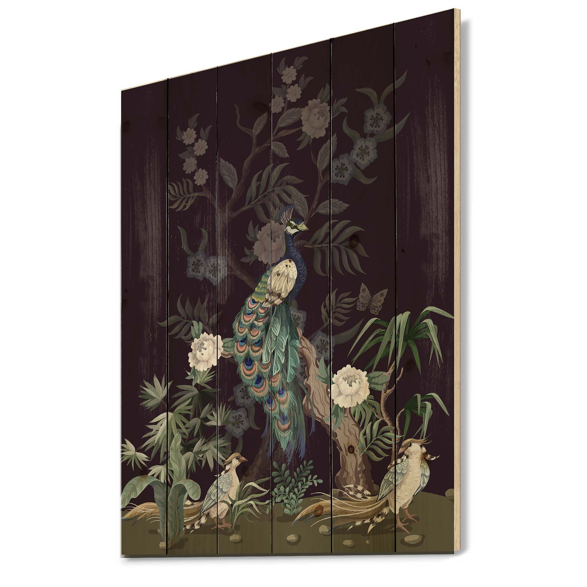 DesignQ Chinoiserie Wall Art - Traditional Black Wood Panel with Birds & Peonies Print on Natural Pine - Large Animal Wall Decor for Living Room, Bedroom & Office