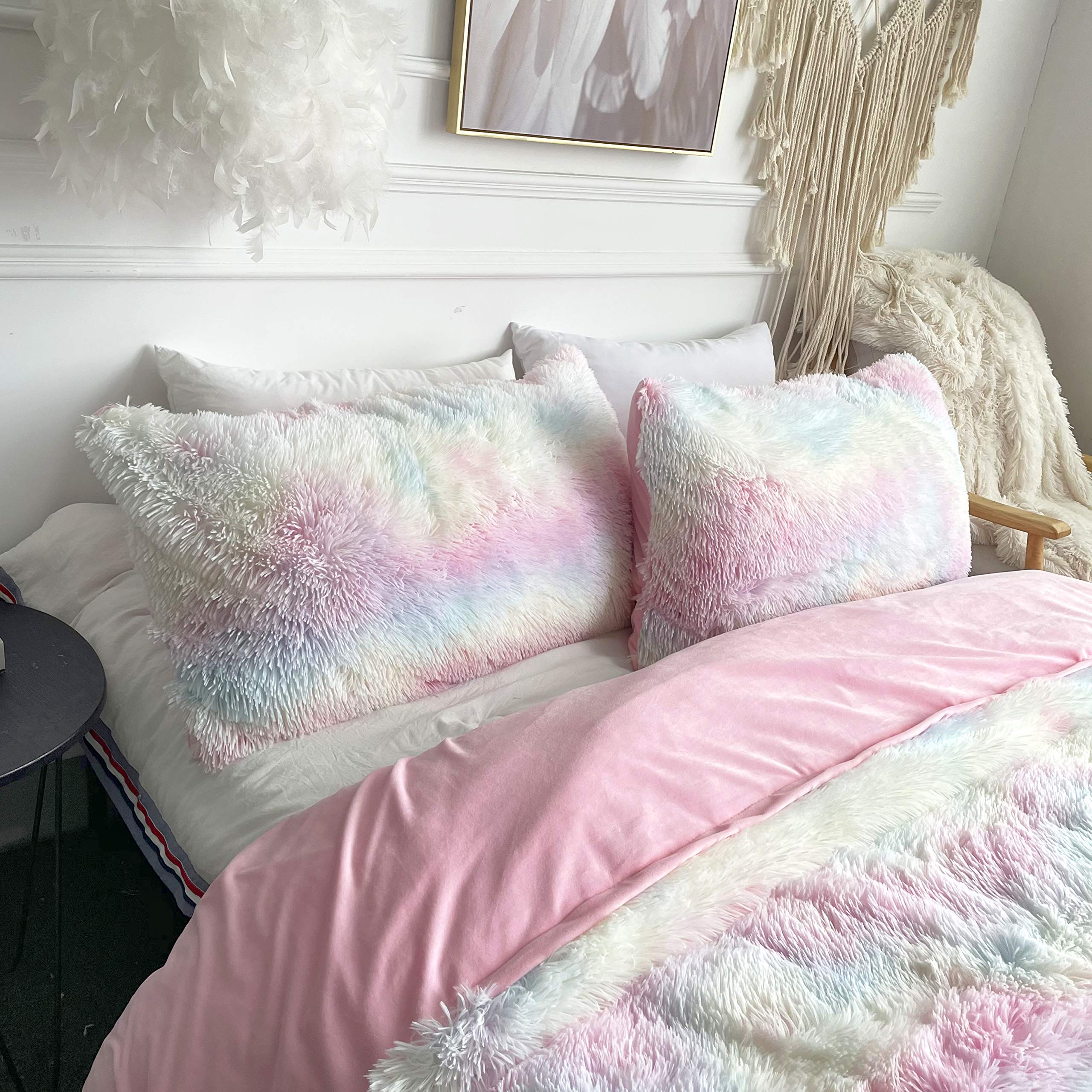 **Sleepwish Plush Shaggy Duvet Cover Set - Ultra Soft Fuzzy Unicorn Bedding Comforter Cover for Girls, Luxury Crystal Velvet Bedding Set with 2 Pillowcases (3 PCS Faux Fur Queen Size, Rainbow) - Perfect for Kids' Bedrooms, Birthday Gifts & Cozy Winter Nights**